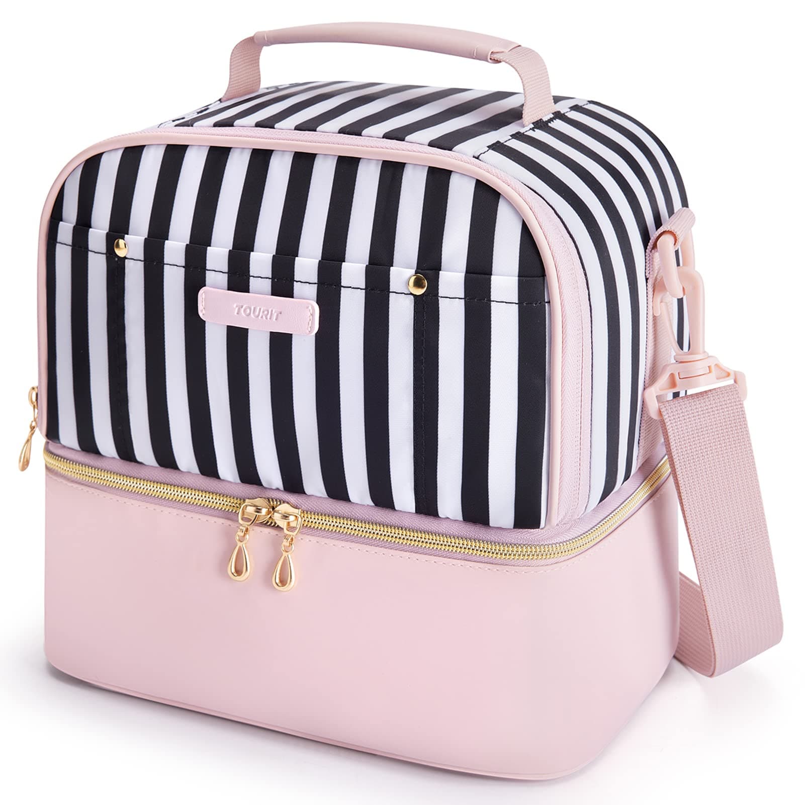 Lunch Bag Women Double Deck Lunch Box Insulated Lunch Cooler for Women Men Work, School, Pink Stripes