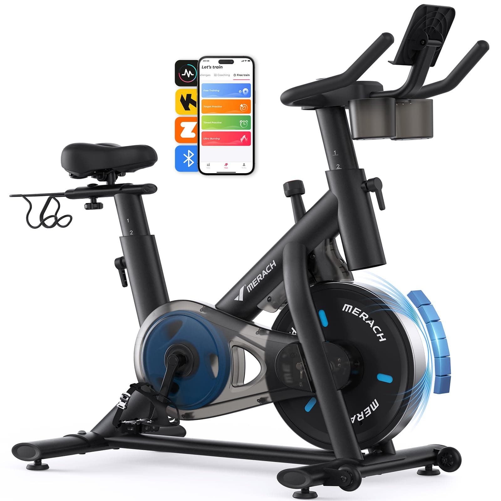 Exercise Bike, Brake Pad Stationary Bike with Exclusive App, Low Noise Indoor Cycling Bike with 300lbs Weight Capacity, Tablet Mount and Fitness Courses for Weight Loss