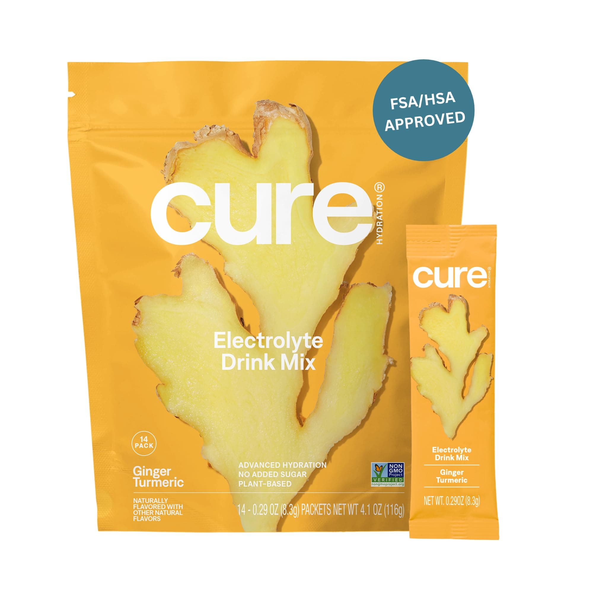 CURE HYDRATION MIX Hydrating Electrolyte | Powder for Relief | FSA & HSA Eligible | Made with Coconut Water | No Added Sugar | Vegan | Paleo Friendly | Pouch of 14 Packets - Ginger Turmeric