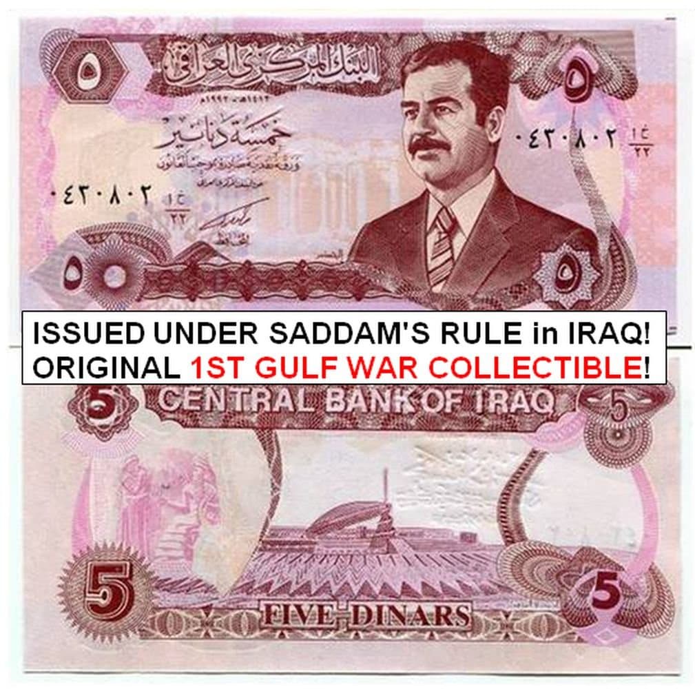 1974 IQ SADDAM HUSSEIN on ORIGINAL OLD IRAQ BILL in CRISP UNICRCULATED COND. Great Gulf/Iraq Wars Collectible! 5 DINARS Gem Crisp Undcirculated (Bank Fresh)