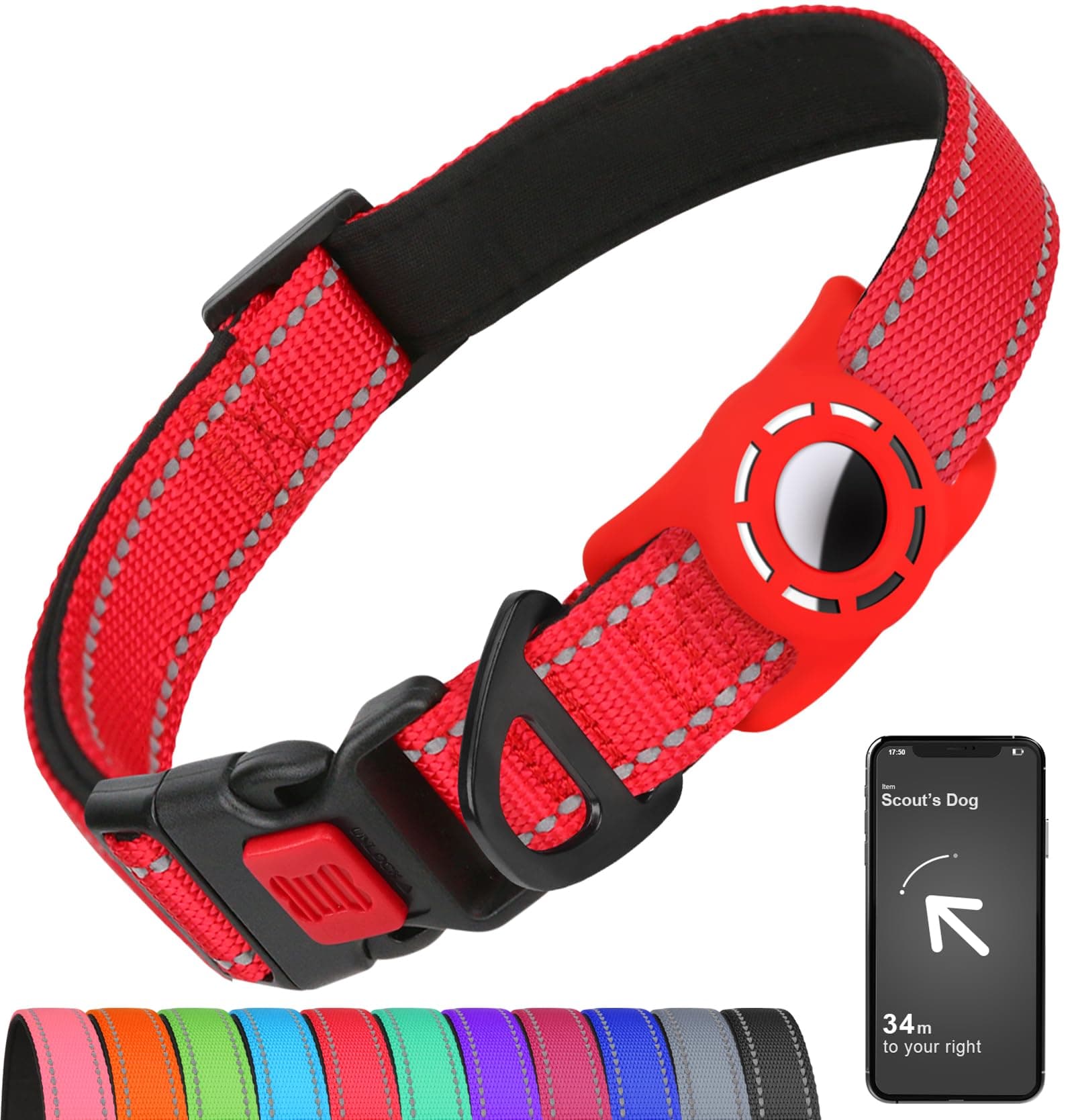 Airtag Dog Collar with AirTag Holder for Puppy Small Dogs, Reflective, Soft Padded & Safety Locking Buckle, Nylon Pet Collars Adjustable for All Breeds, Red,XS