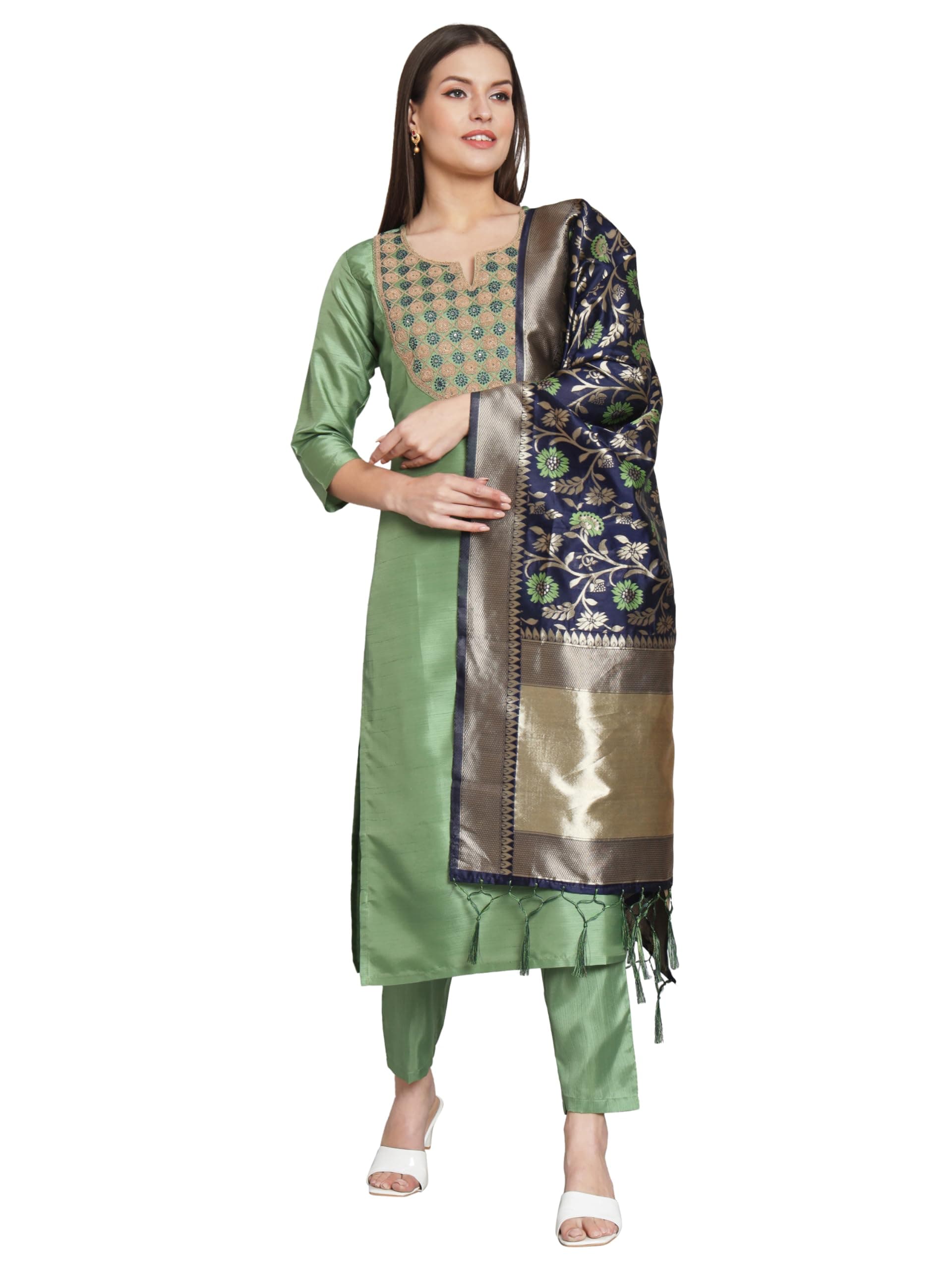 VredeVogelWomen's Cotton Silk Blend Kurta Pant Set with Banarasi Silk Dupatta