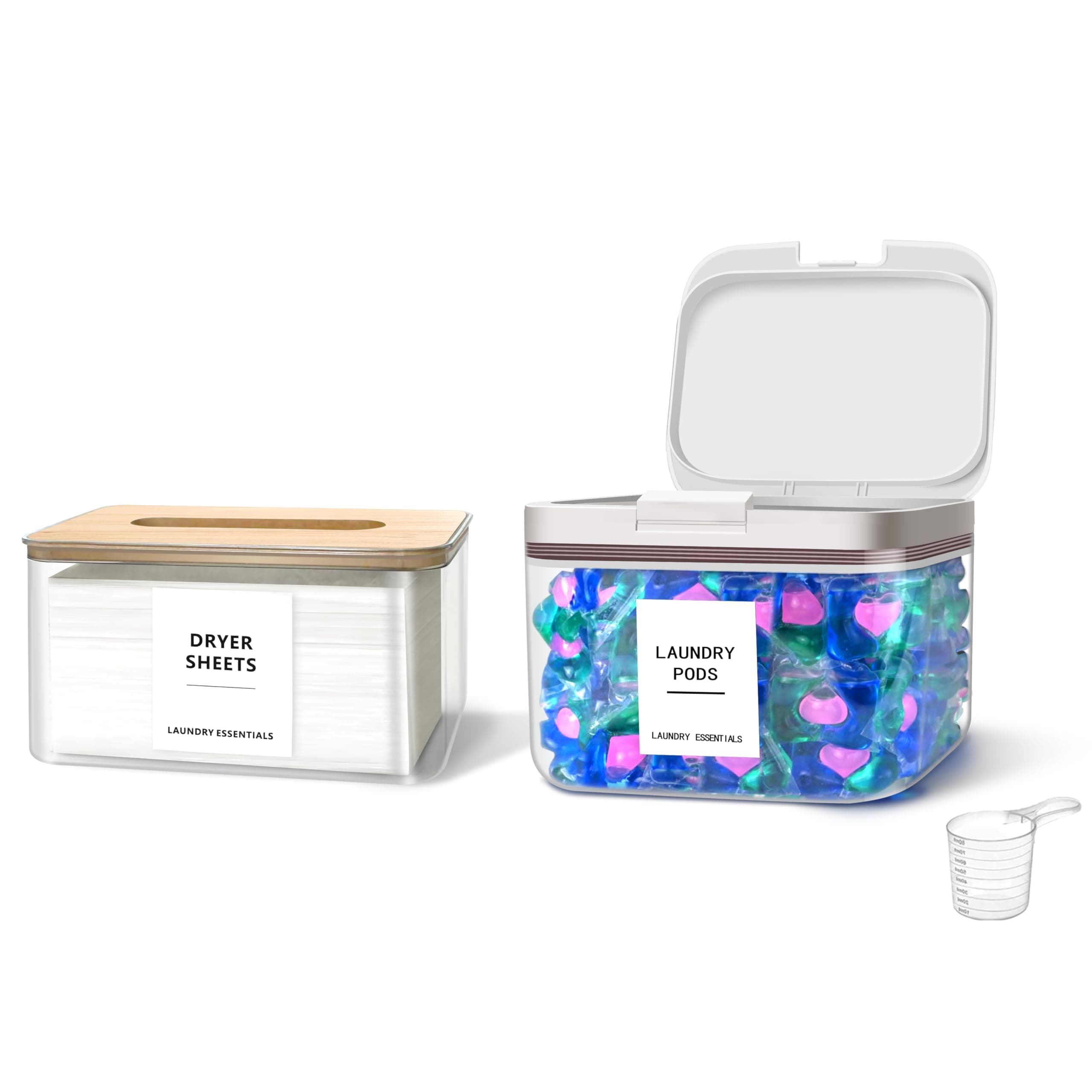 2 Pack Laundry Pods Container and Dryer Sheet Holder for Laundry Room Organization, Laundry Pod Up Holder with 30 Labels and Scoops, Laundry Detergent Powder Container, Scent Booster Holder
