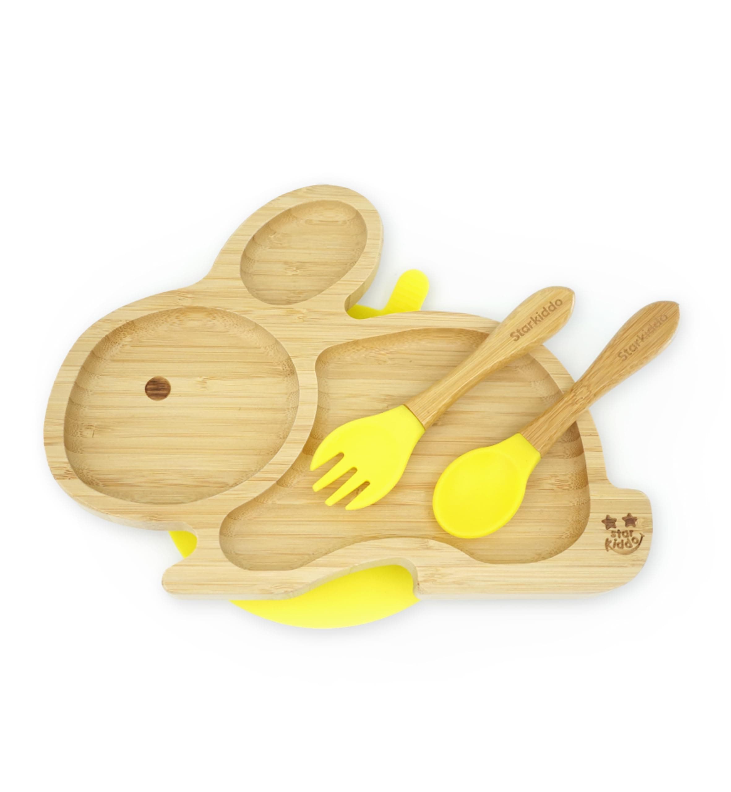Star Kiddo ® ‘Cute Bamboo Rabbie Suction Plate’ Baby-Led Weaning | 3 Sections | Non-Toxic |Eco-Friendly | Super Strong Suction - Natural Bamboo BPA Free Baby Plate (Yellow)