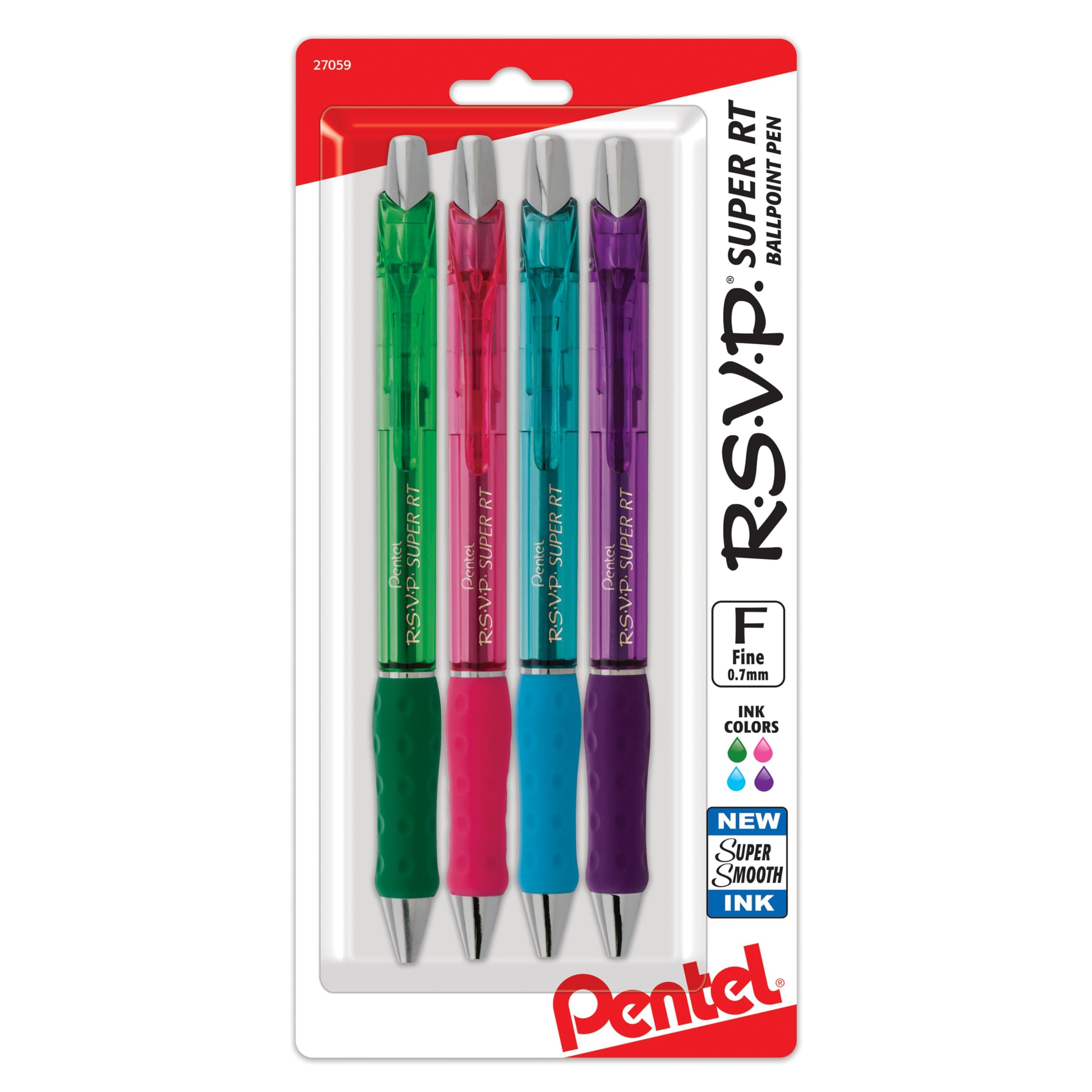 PentelRSVP Super RT Ballpoint Pen, (0.7mm) Fine Line, Assorted Ink, (DPSV), 4-pk - BX477BP4M1