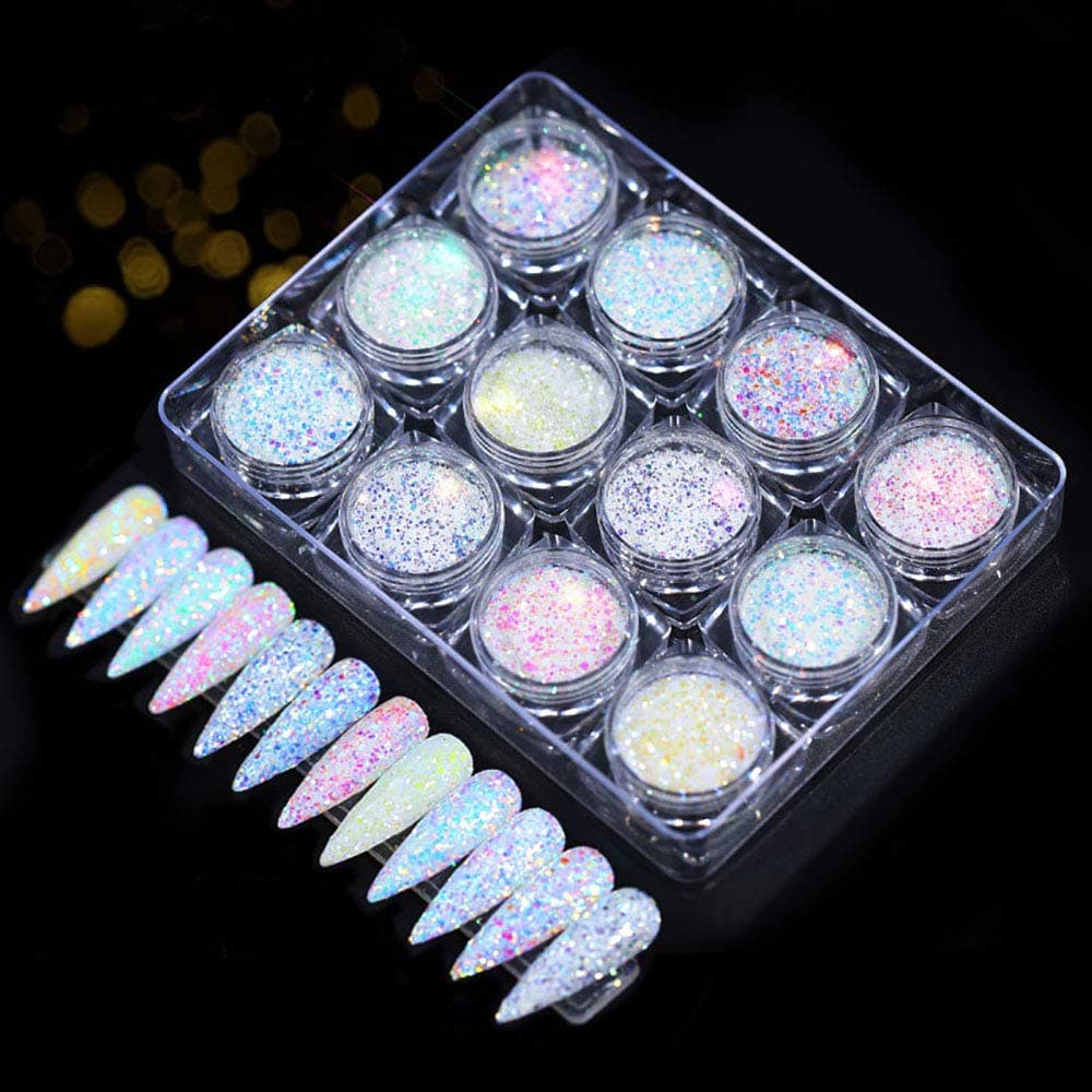Hanzel Holographic Nail Powder Set - 12 Jars Flashing Crystal Sequins,Glitter Aurora Chameleon Powder,Manicure Pigment for Nail or Artworks, Pretty Colors,Easy Apply at Home or Premium Salon (A2)