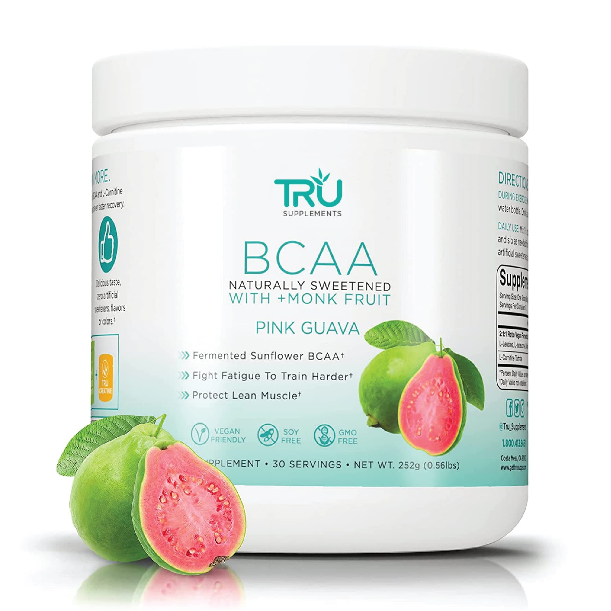 TRU SupplementsBCAA Powder, Plant Based Branched Chain Amino Acids, Vegan Friendly, Zero Calories, No Artificial Sweeteners or Dyes, (30 Servings, Pink Guava)