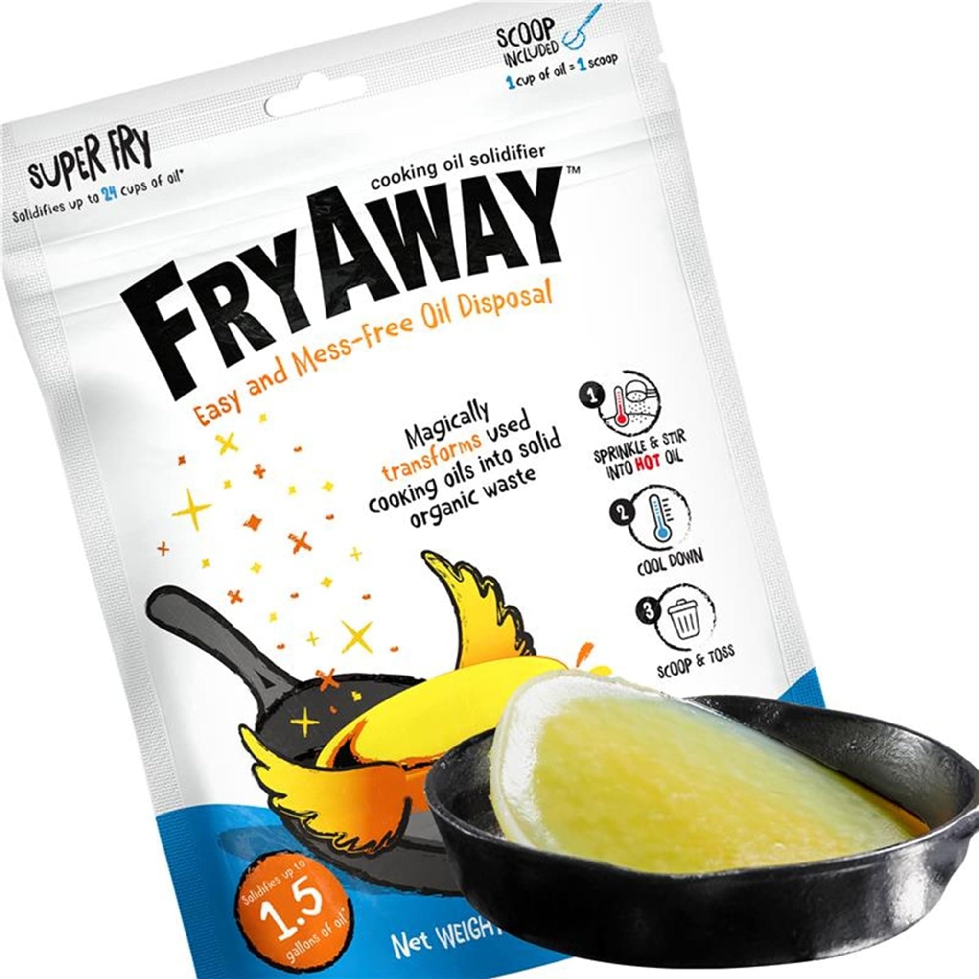 Super Fry Cooking Oil Solidifier Powder, Resealable Pouch with Scoop, Solidifies Up to 24 Cups, Plant-Based Grease Solidifier, Oil Hardener, Kitchen Grease Cleanup, Shark Tank, Made in the US