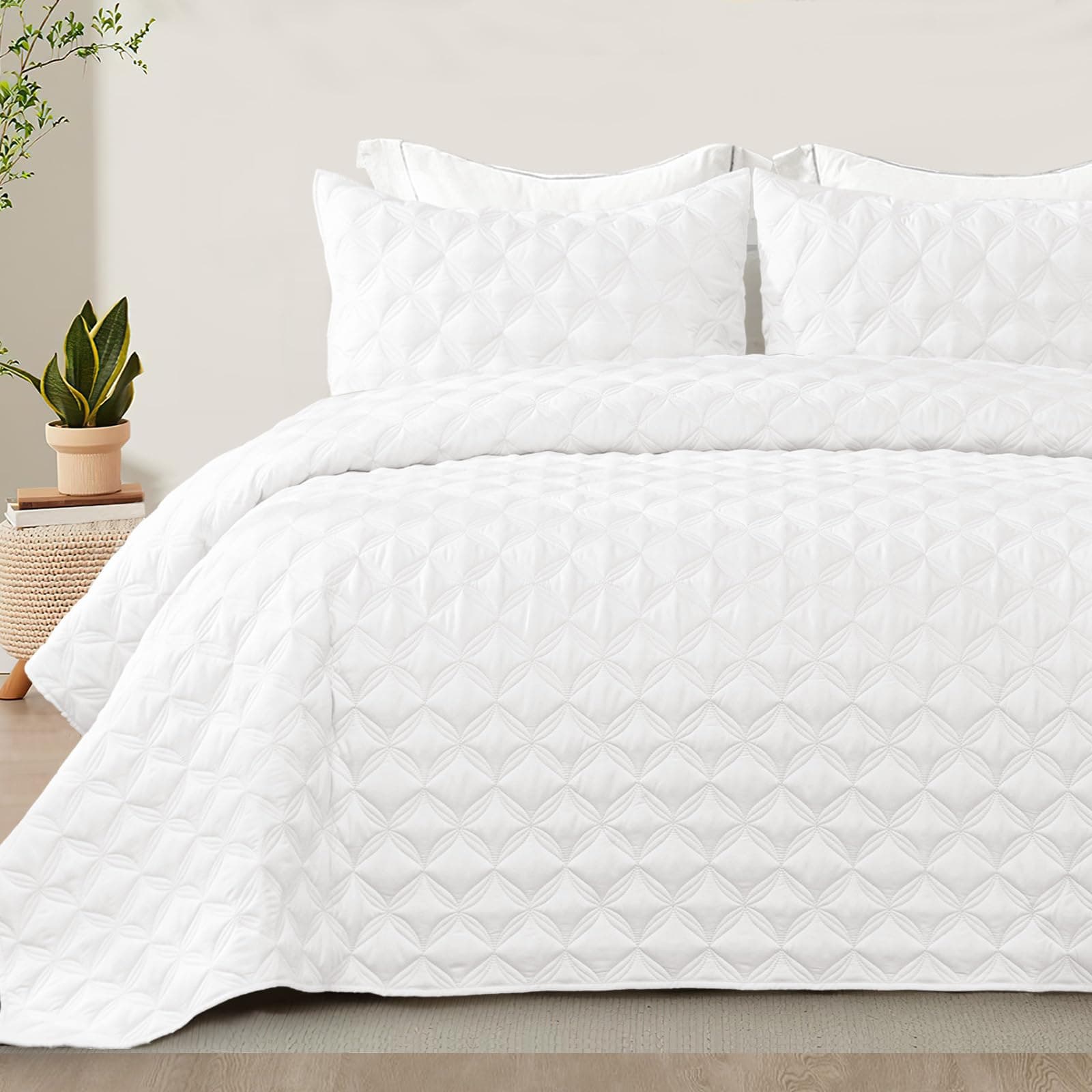 Exclusivo Mezcla Full Queen Quilt Set, 3 Pieces Lightweight Quilts Queen Size with Geometric Ellipse Pattern, Soft Quilted Bedspreads White Coverlets Bedding Set for All Seasons