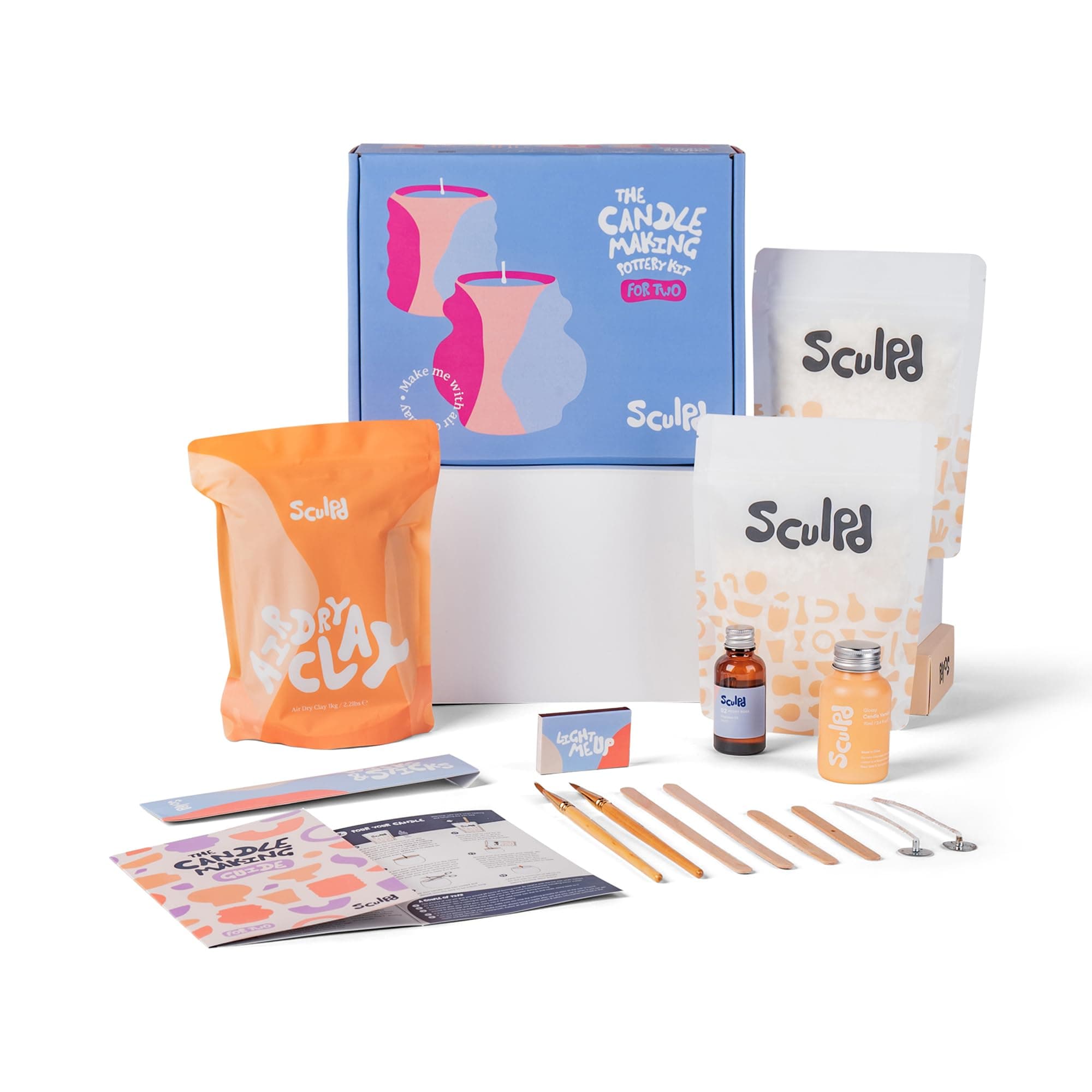 Sculpd Candle Making Pottery Kit for Adults with Air Dry Clay and Acrylic Paint Set, Non-Toxic Eco Soy Wax, Scented Fragrance Oil, Candle Glaze, Tools & Guide, 2 Candles, Peony Rose