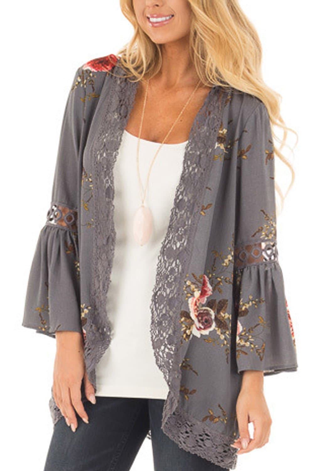 Women Kimono Cardigans Boho Hollow Out Lace Floral Print Chiffon Beach Cover ups Loose Casual Tops (XX-Large, Grey)