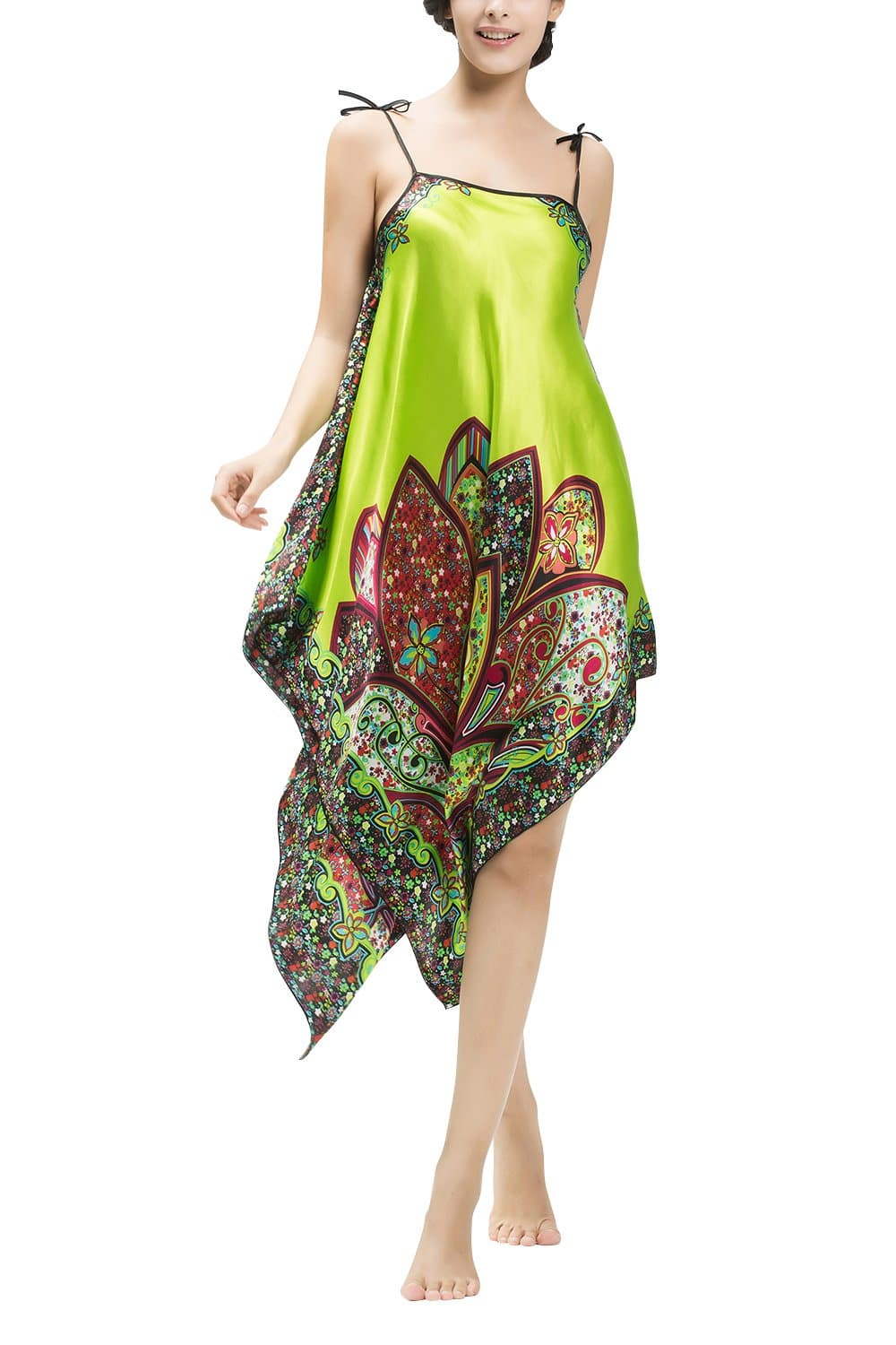 Dolamen Women’s Nighties Satin, Ladies Soft Silky Pyjamas Retro Printing Nightwear, Luxury & Sexy Lingerie Spaghetti Strap Babydoll Chemise Long Nightdress, Bust: 110cm, 43.31 inch (Green)