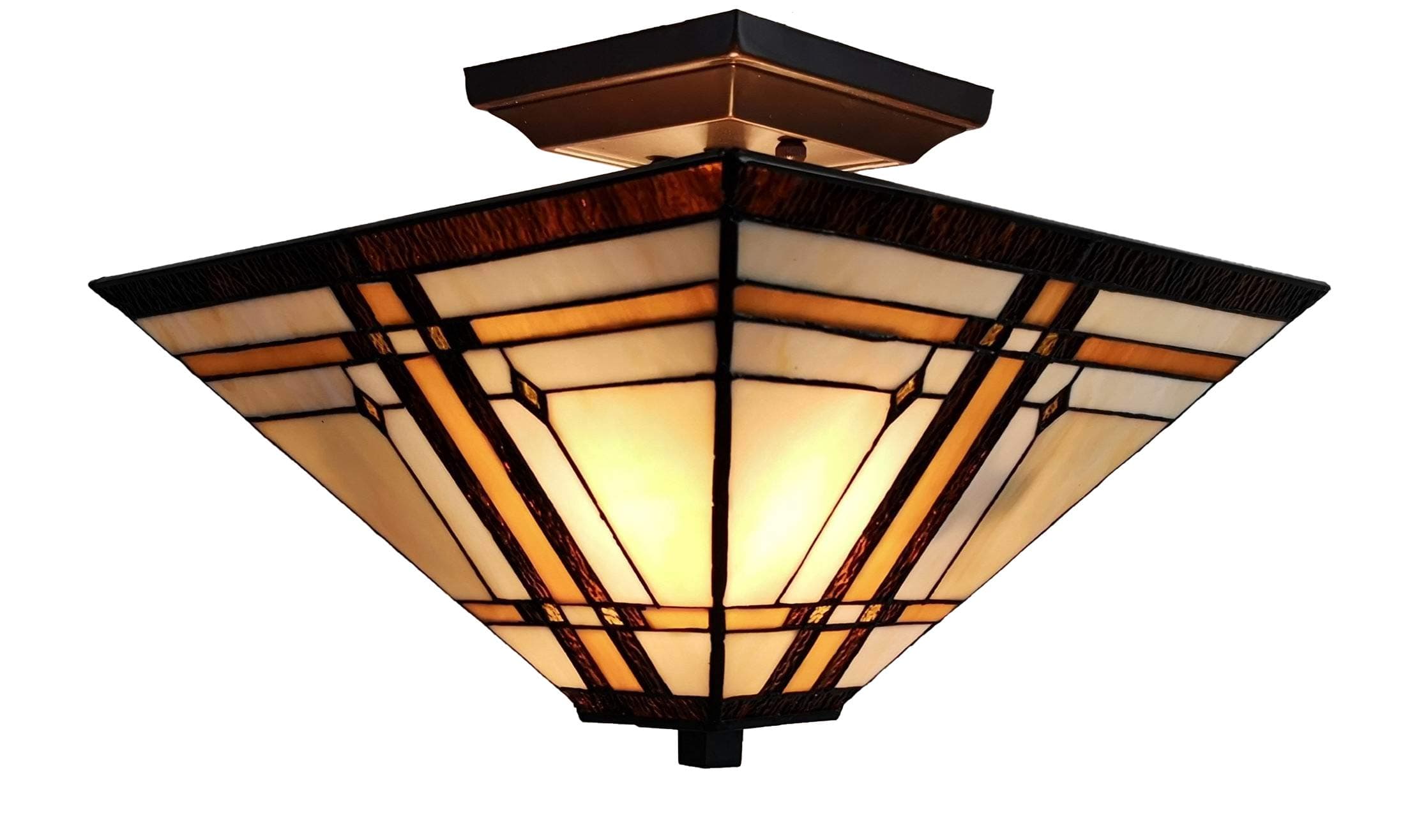 Tiffany Style Ceiling Fixture Lamp Mission 14" Semi Flush Mount Wide Stained Glass Tan Brown Antique Vintage Light Decor Living Room Bedroom Kitchen Hallway Gift AM085CL14B Amora Lighting