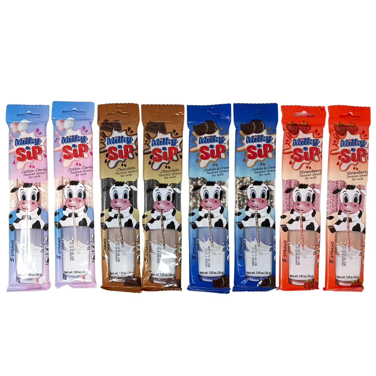 40 Pcs Milky Sip Flavored Straws For Milk - 4 Assorted Flavors: Chocolate, Strawberry, Cookies & Cream, Cotton Candy 10 Each Flavor - 8 Packs of 5 Ea. Milk Flavoring Straws for Kids, Teenagers, Adults