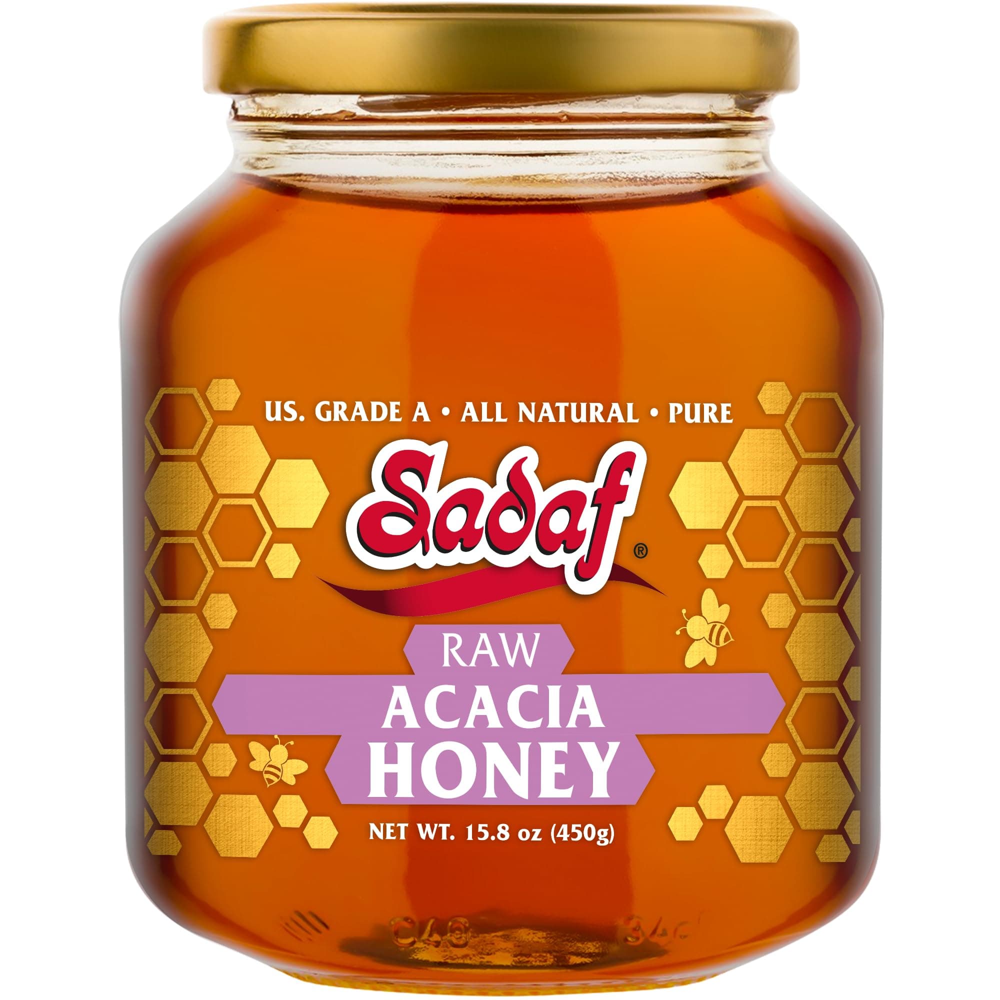 SadafRaw Honey Grade A - Raw Acacia Honey for Cooking, Baking & Food Flavoring - All Natural Sweet Honey - Halal - 15.8 oz Jar