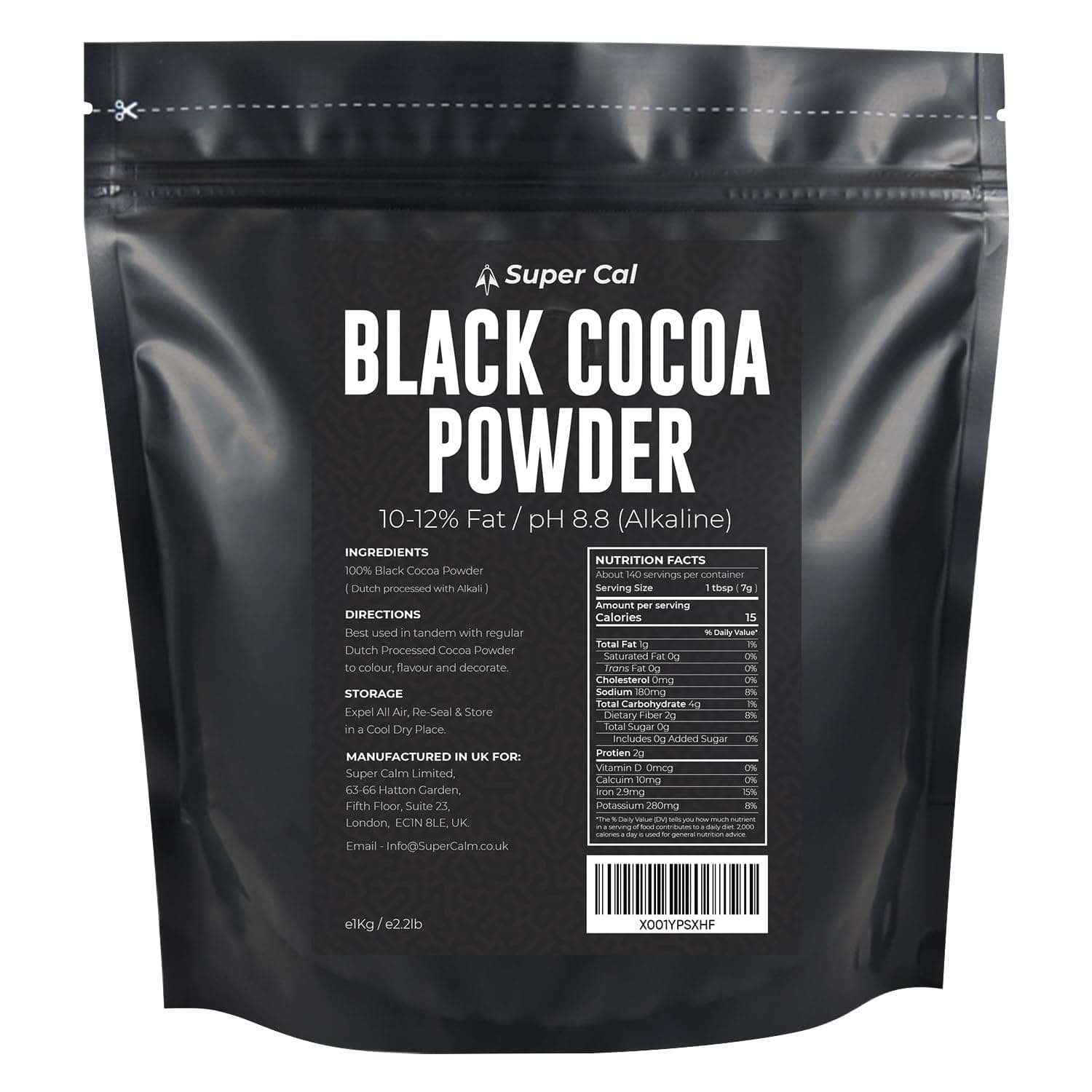 Black Cocoa Powder for Baking - 1kg Pouch | Intense Deep Black Dutch Processed Unsweetened Cocoa Powder | pH 8.8 (Zero Bitterness) with 10-12% Fat | Super Cal