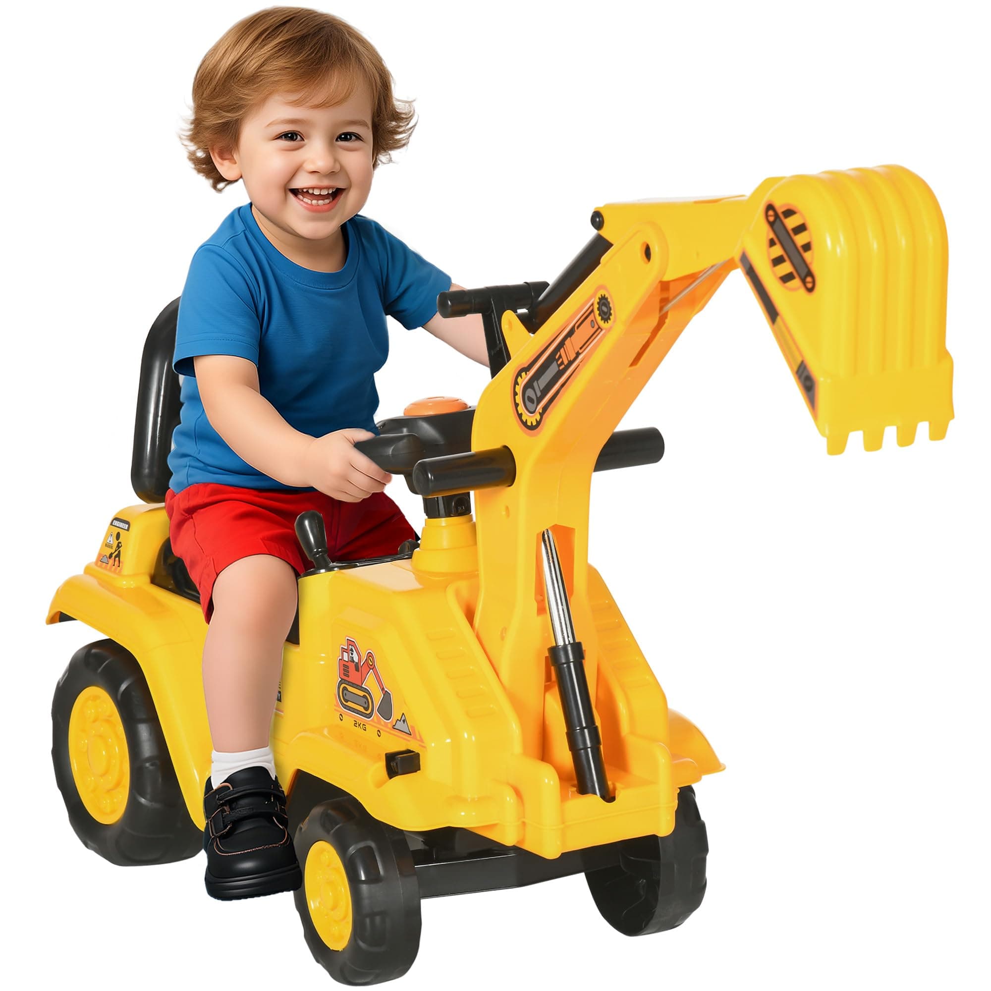 HOMCOM Ride On Excavator Pull Cart, Kids Digger Ride on Truck with Horn, Under Seat Storage, Sit and Scoot Pretend Play Toy Construction Car for Ages 18-48 Months
