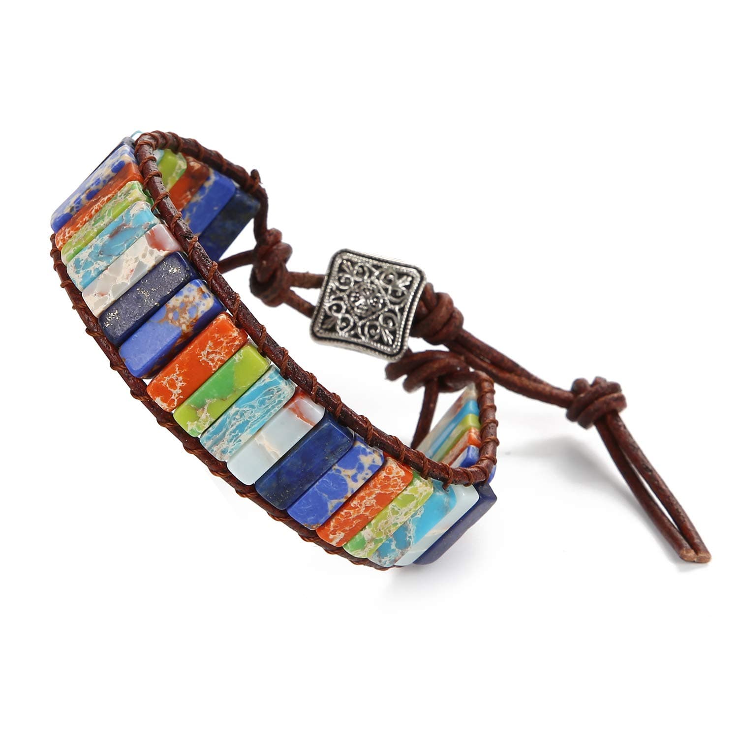 WELLVO Chakra Healing Handmade Imperial Jasper Nature Stone Wrap Bracelets Leather Bracelets for Men Women Adjustable Bead Yoga Bracelets (Chakra Stone)