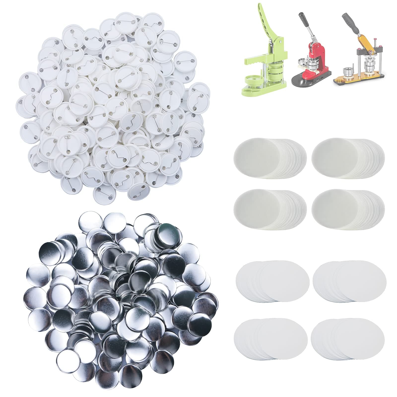 Happizza 500 Sets 32mm(1.25 inch) Blank Pin Back Button Parts for Button Maker Machine 32mm, Round Badge Making Supplies, includes Metal Cover, Plastic Button Back Cover, Clear Film&Blank Paper