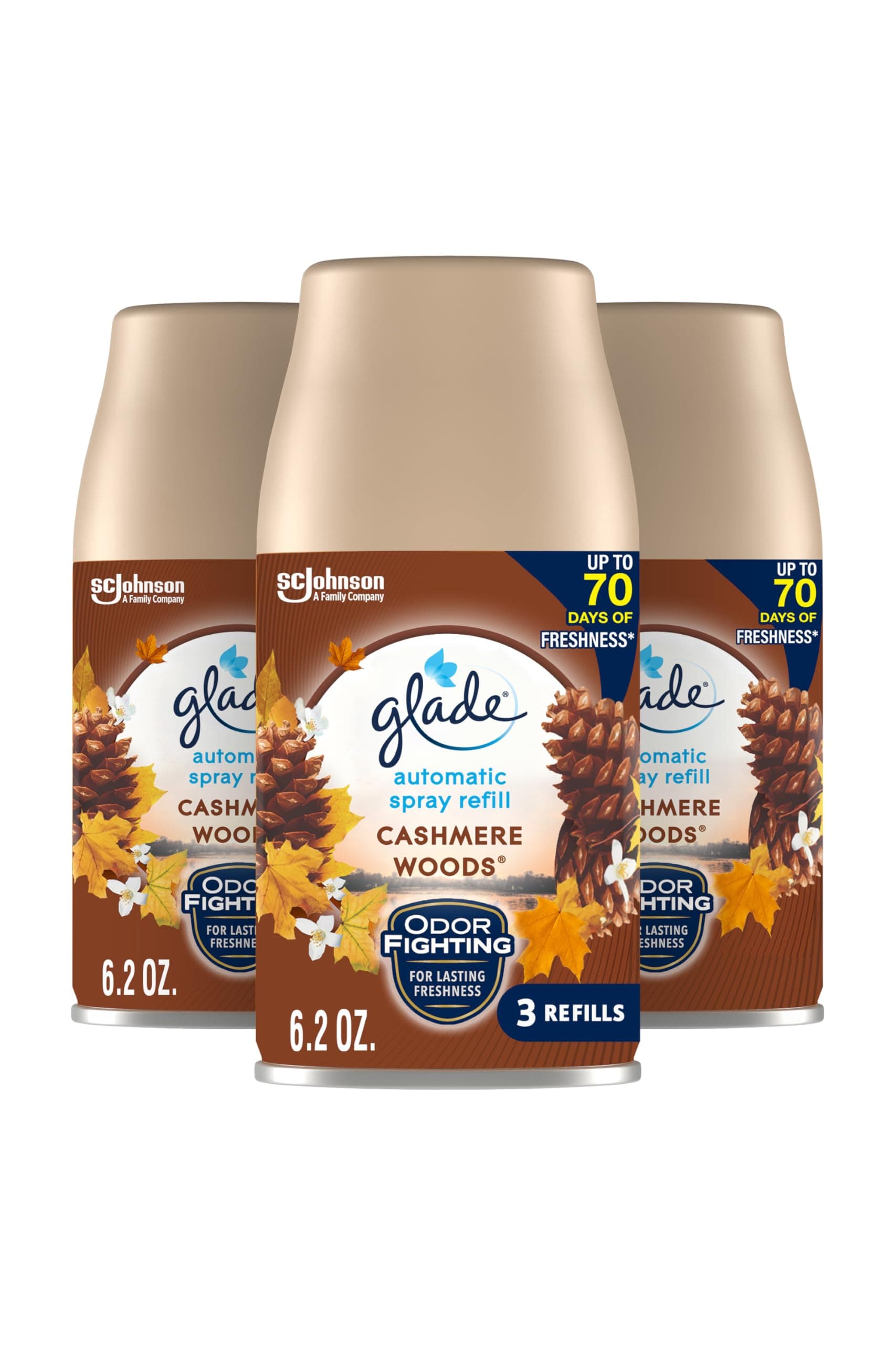 SC Johnson Glade Automatic Spray Refill, Air Freshener for Home and Bathroom, Cashmere Woods, 6.2 Oz, 3 Count