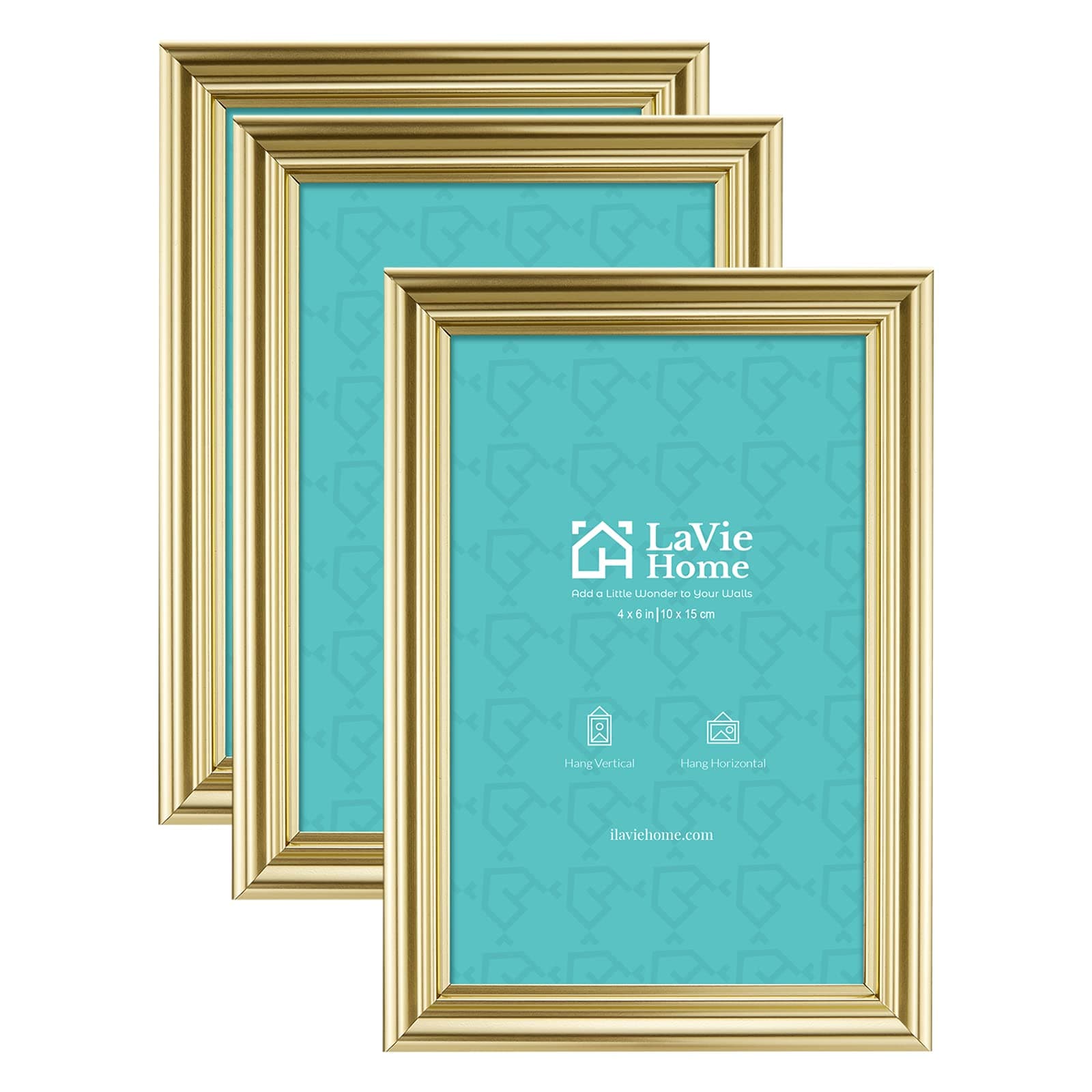 LaVie Home 4x6 Picture Frames(3 Pack, Gold) Wall or Tabletop Display, Graceful Beveled Detail Design Photo frames with High Definition Glass, Perfect for Home Decor, Set of 3 Basic Collection