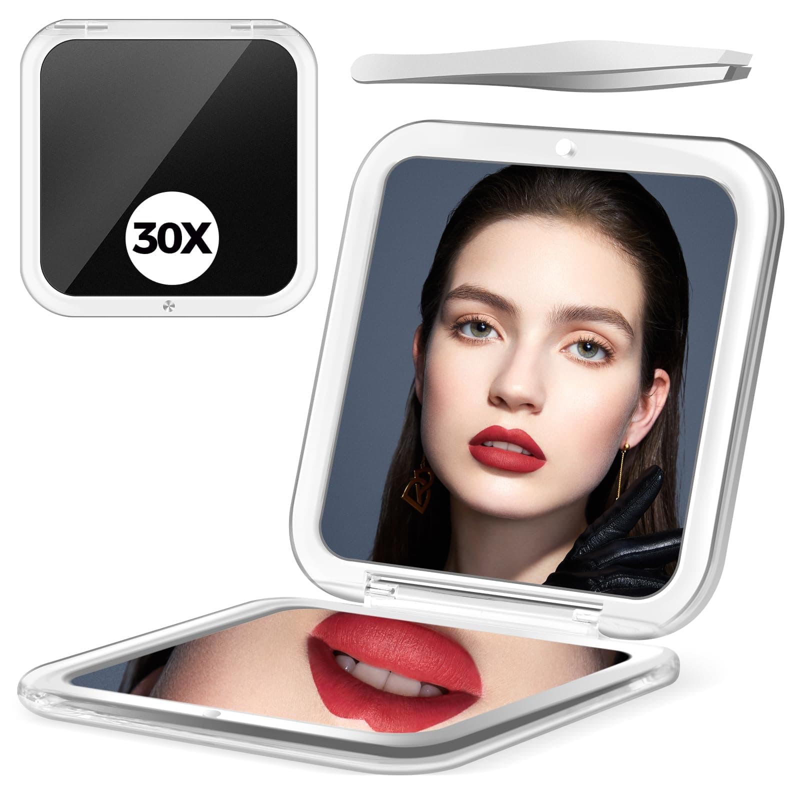 Compact 30X Magnifying Square Travel Mirror, 3.3x3.3 Inch Small Pocket, 2-Sided Women's Magnetic Portable With Precision Tweezers, Black
