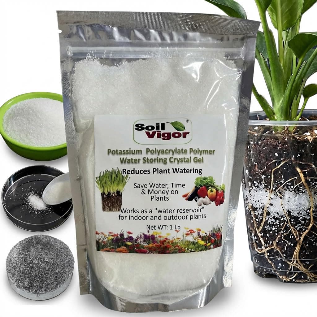 Soil Vigor Water Storing Crystals - Cut Watering by 50% | Super Absorbent Polymer Hydro Gel for Healthier Lawns, Gardens & Indoor Plants - 1 lb