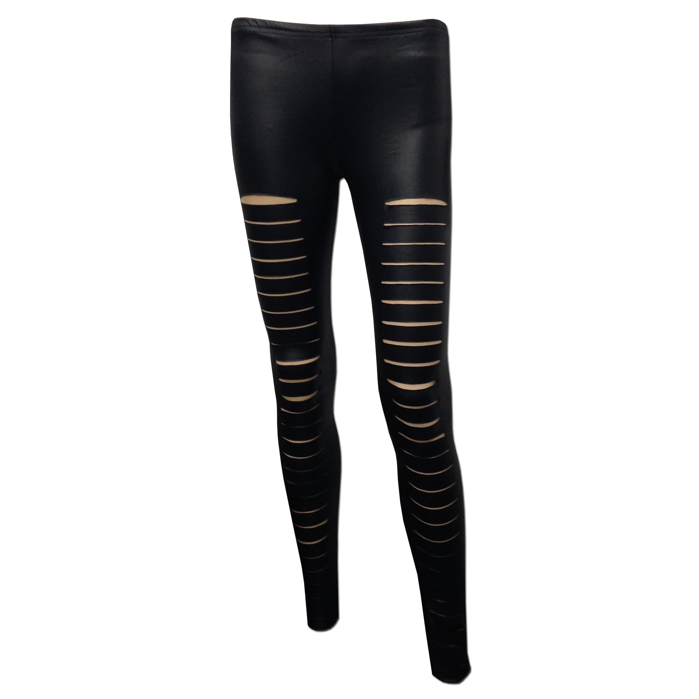 Graffic Laser Cut Slit Wet Look Faux Leather Stretchy Low Rise Leggings