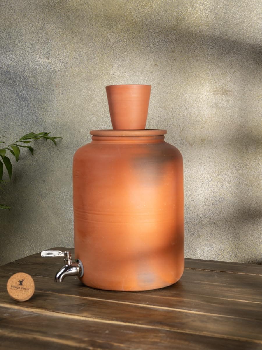 Village Decor Handmade Earthen Clay Water Pot with Lid & 304 Stainless Steel tap (6 Litre / 6000 ML)