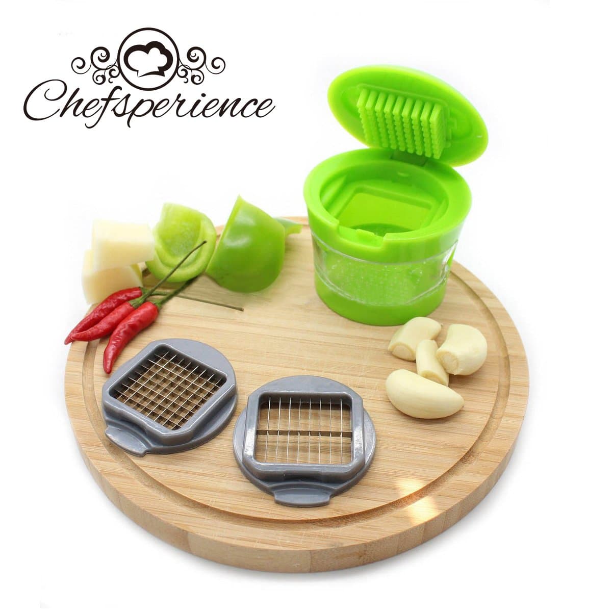Chefsperience Mini Garlic Chopper Slicer Grater Dicer Mincer Press for Garlic with Two Switchable Blades
