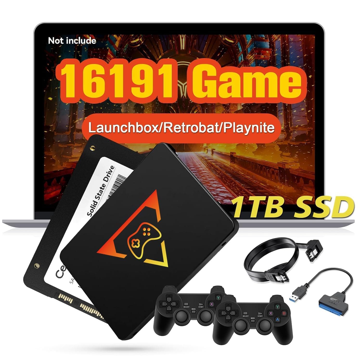 Retro Game Console SSD 1TB, 16191 Retro Games, 80+ Emulator Console, 86 AAA PC Games, 3 Game System, Launchbox Hard Drive Emulator Compatible with Win 8.1/10/11 PC, 2 Sata Cable, 2 Wired Controllers