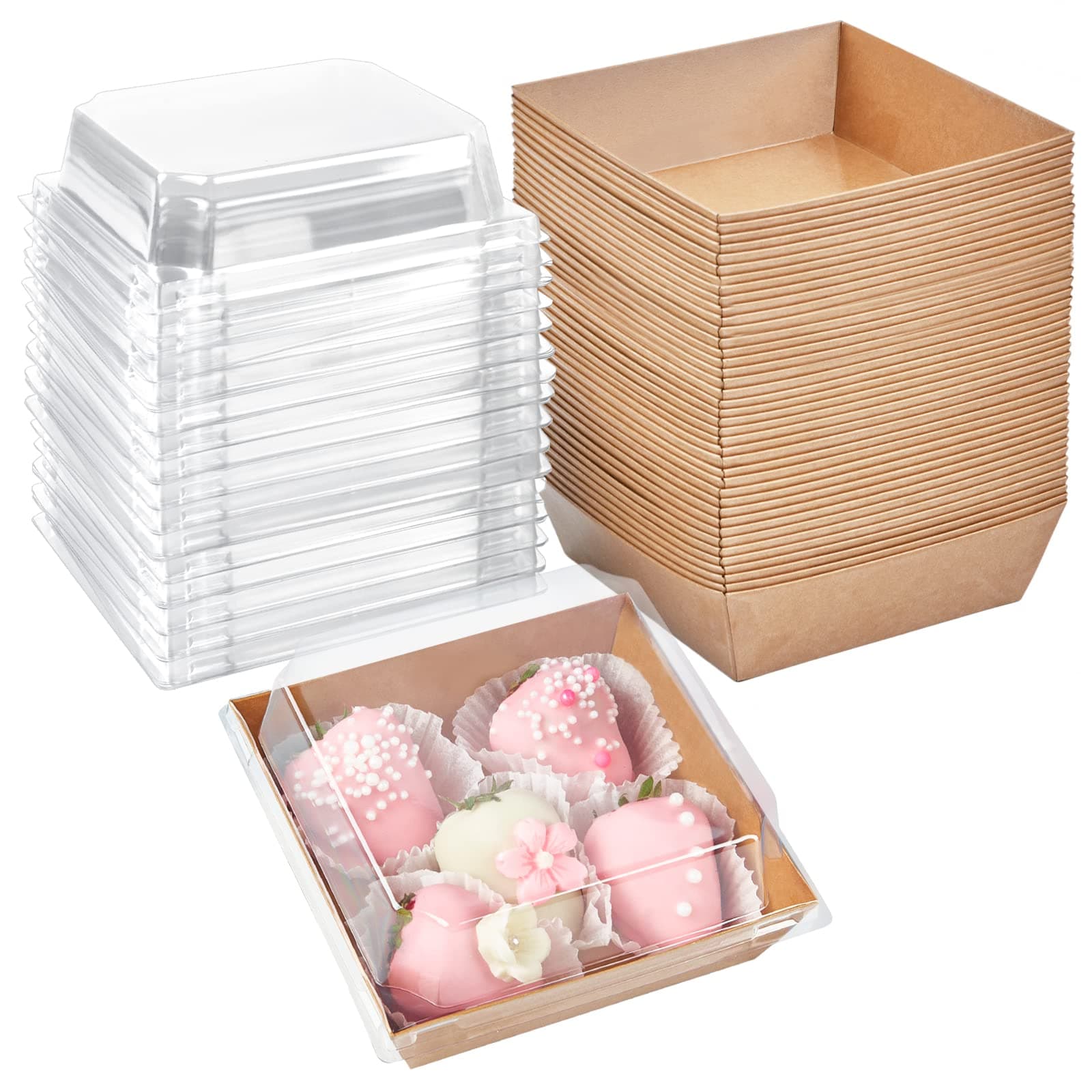 Kraft Charcuterie Boxes with Clear Lids 4x4 Inch, 100 Pack Brown Square Bakery Cake Slice Boxes with Window, Dessert To Go Containers (100)