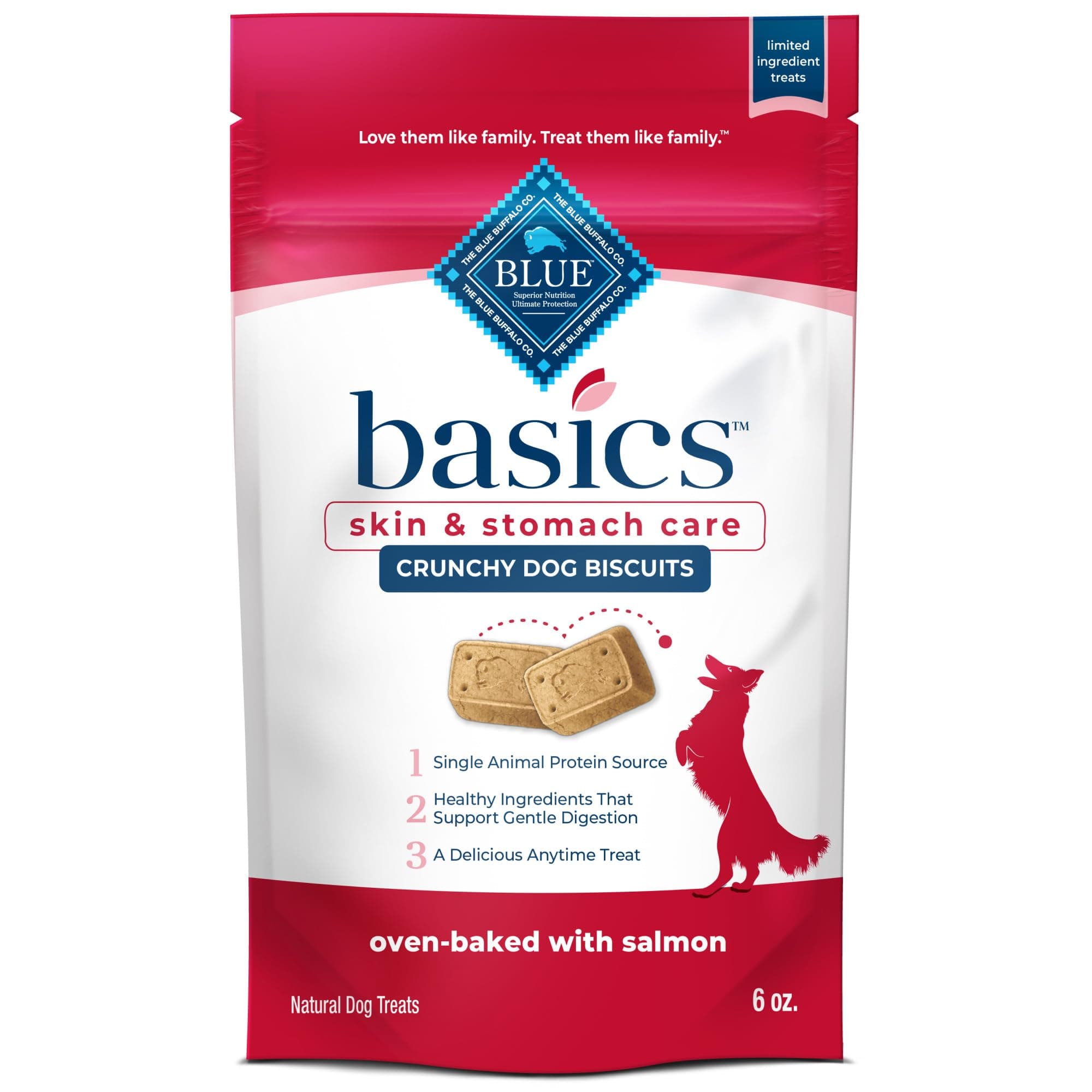 Basics Crunchy Dog Biscuits for Skin & Stomach Care, Limited Ingredient Diet Dog Treats, Salmon & Potato Recipe, 6-oz. Bag