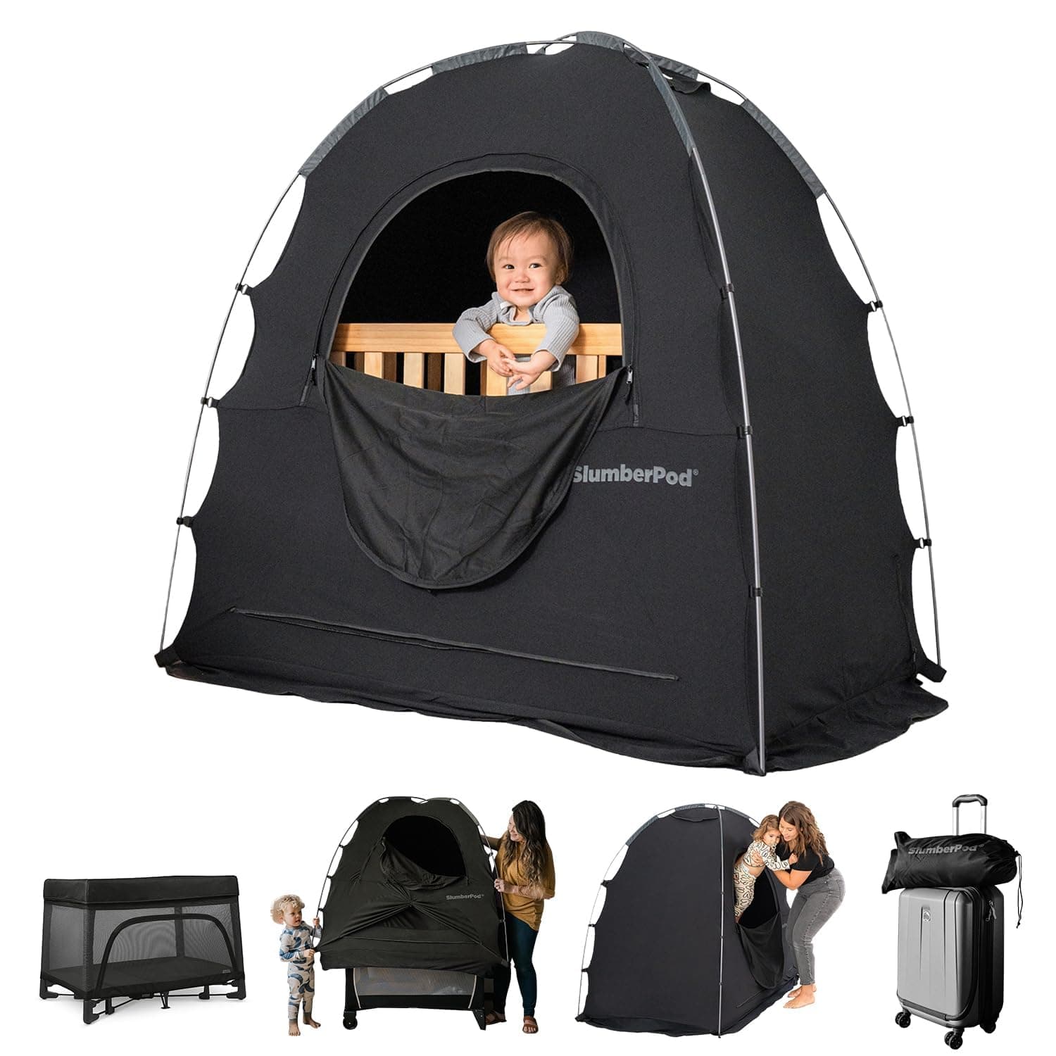 The Original Blackout Sleep Tent Travel Essential for Babies and Toddlers, Mini Crib and Pack N Play Cover, Sleep Pod for Kids with Monitor Pouch and Fan Pouch, Blocks 95%+ Light, Black