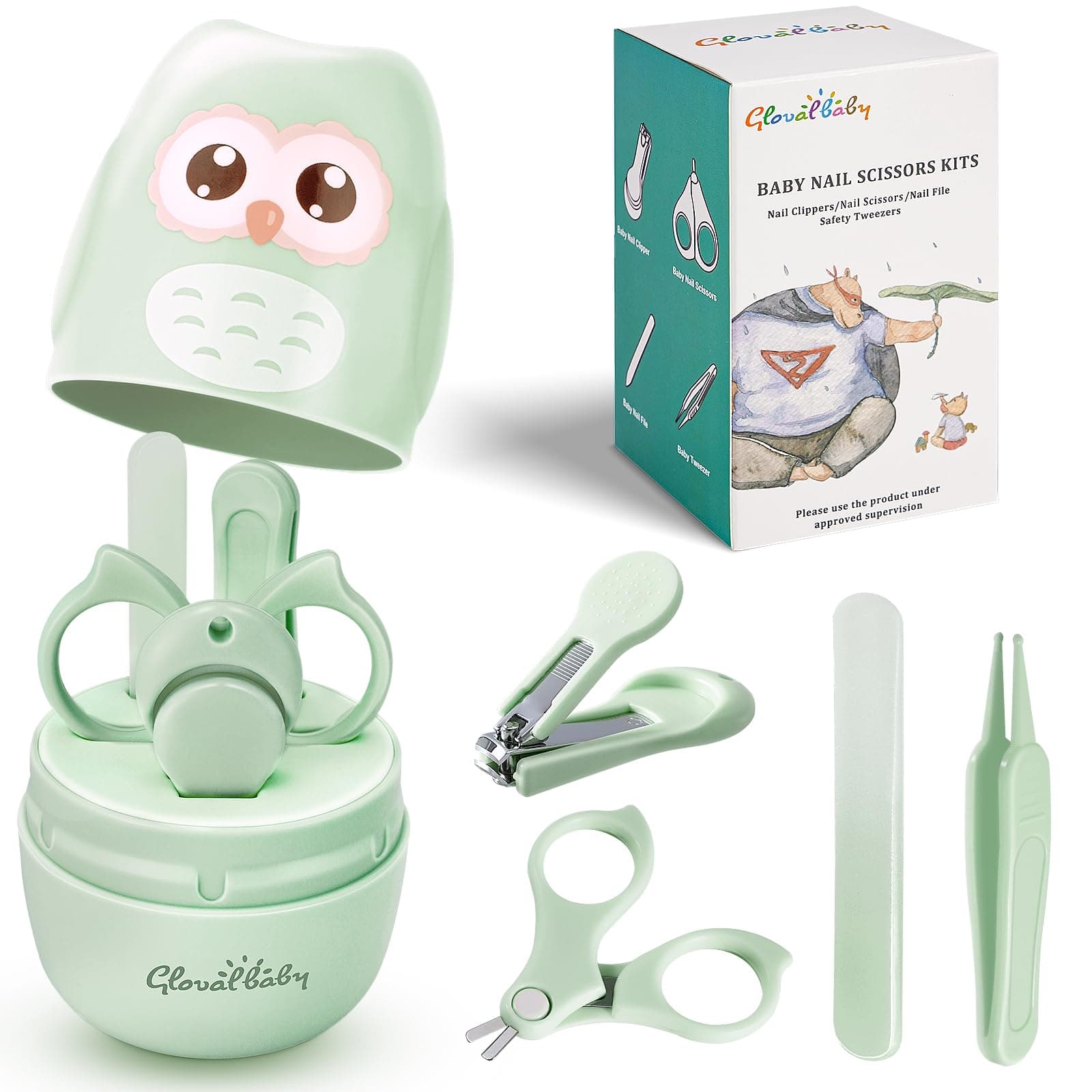 GLOVAL BABY Baby Nail Kit, Baby Manicure Kit and Pedicure kit with Cute Owl Shape Case. Baby Nail Clipper, Scissor, Baby Nail File & Tweezer for Newborn, Infant & Toddler, Mothers Day Gifts(Green)