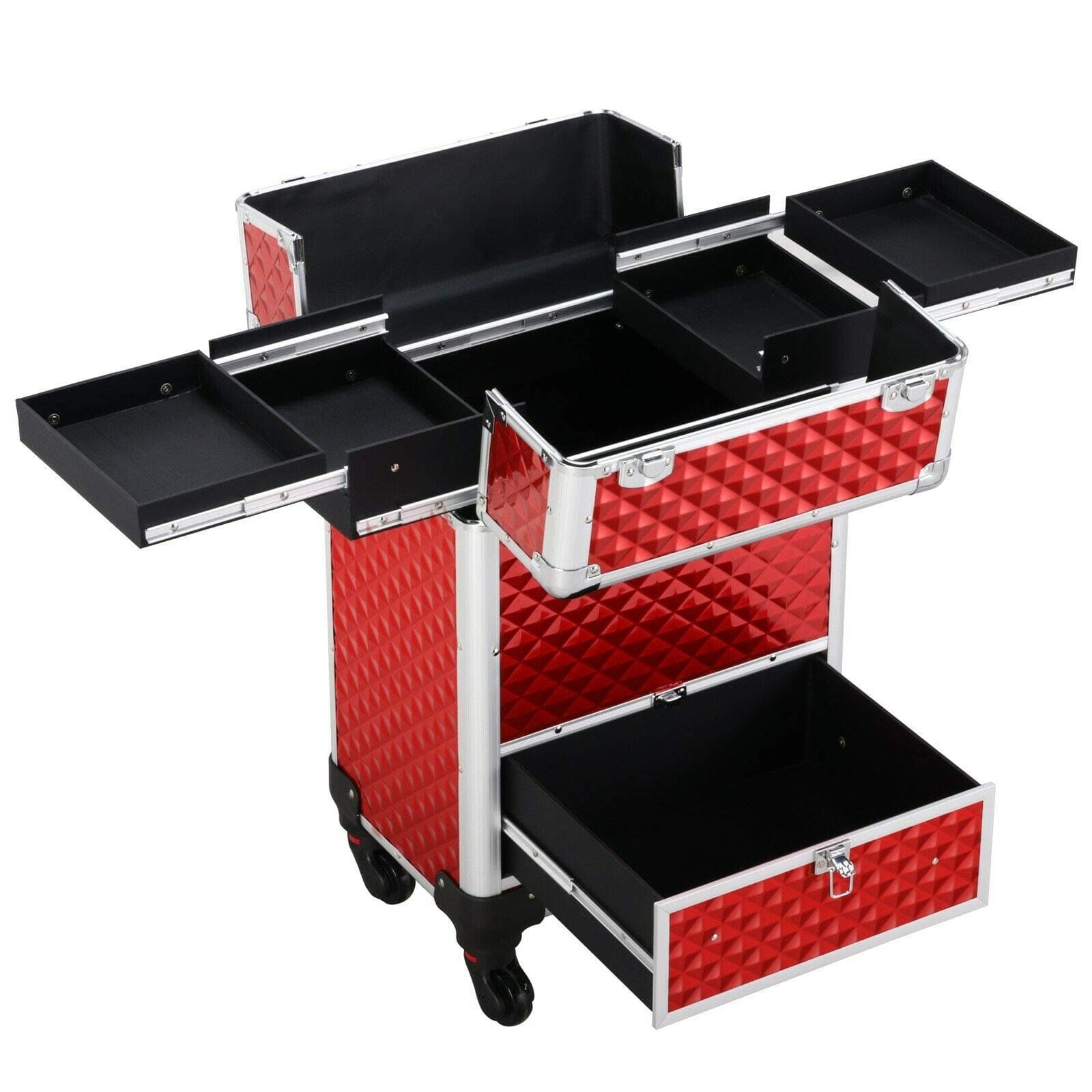 Aluminum Cosmetic Case Rolling Makeup Train Case - 360-Degree Rolling Wheels Barber Salon Lockable Travel Case Trolley with Sliding Drawers Removable Divider