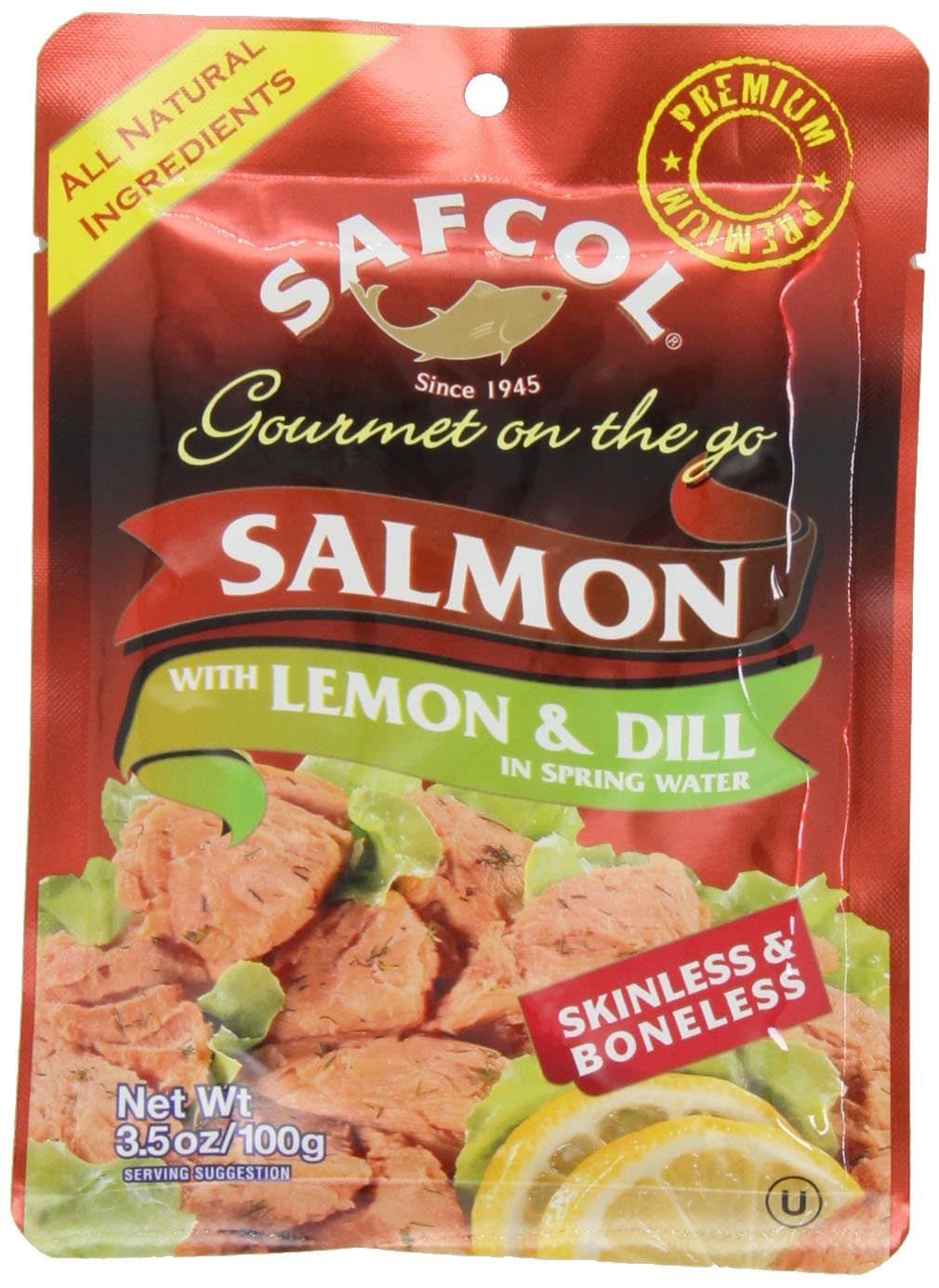 SAFCOL Gourmet on the Go Salmon with Lemon and Dill in Spring Water, 3.5-Ounce Pouches (Pack of 12)