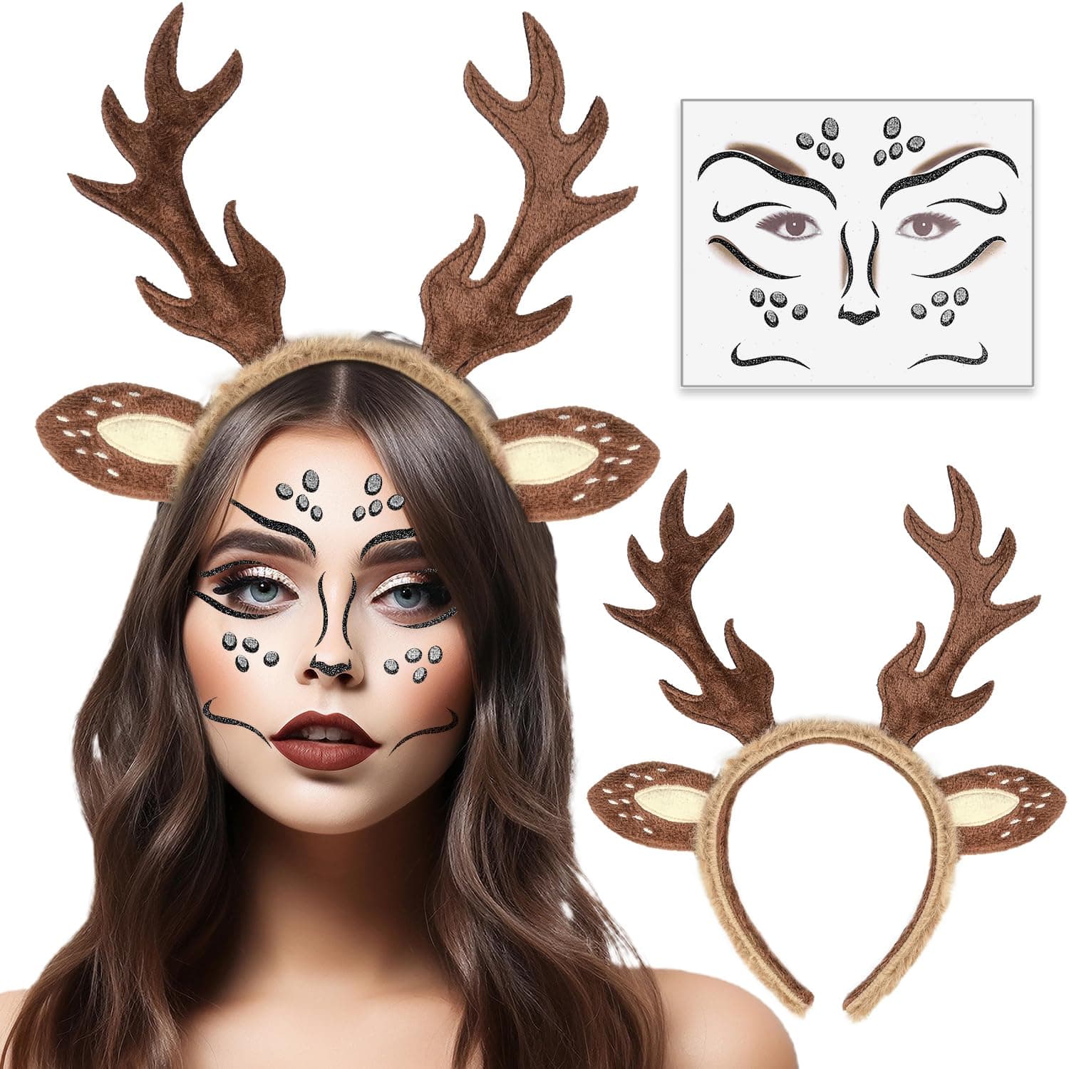MOVINPE Reindeer Antlers Headband & Face Tattoos, Deer Ears Fluffy Headpiece with Face Sticker Gem for Christmas Halloween