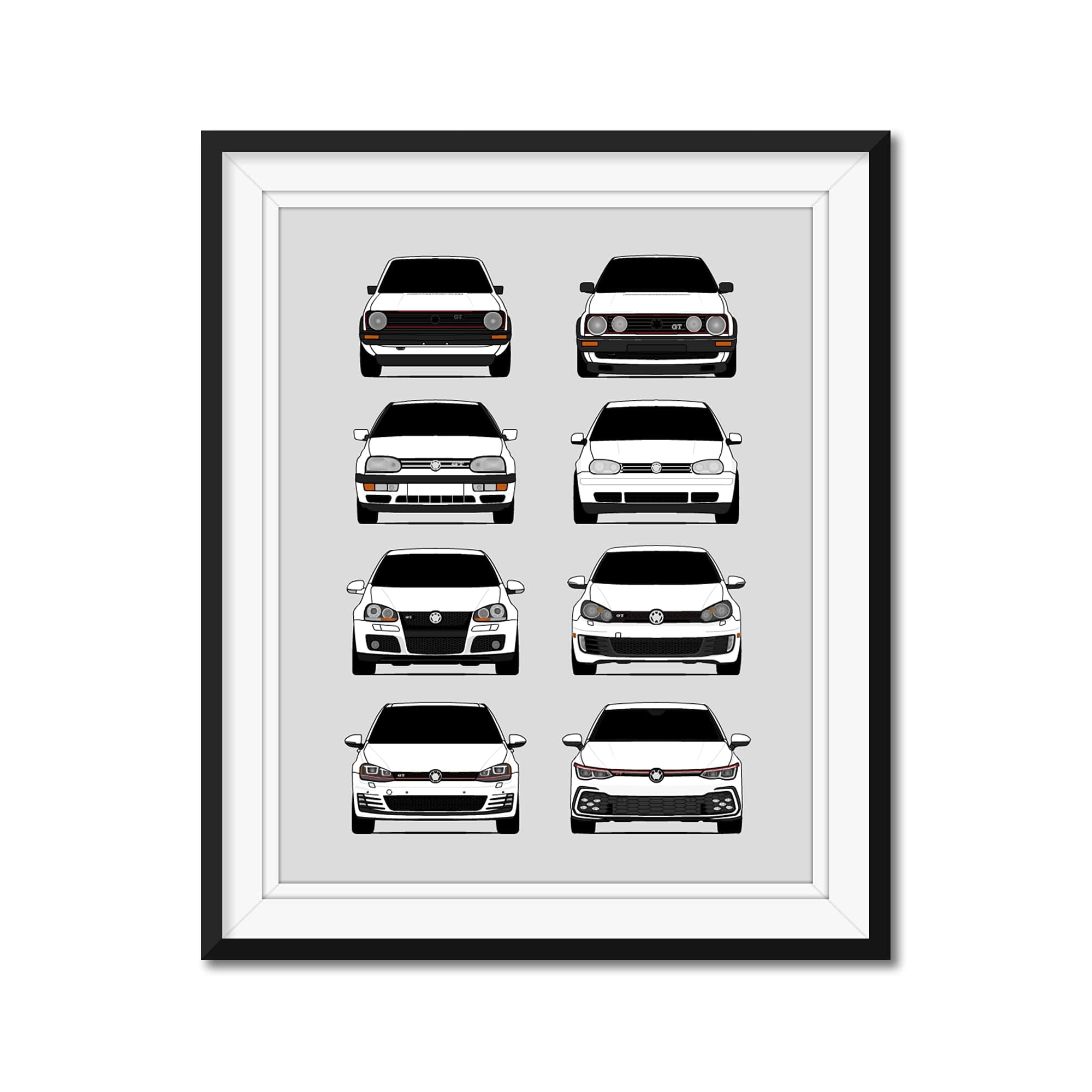Custom Car Posters Handmade Poster compatible with Volkswagen Golf GTI Generations and Print of VW GTI (Car Models: MK1 to MK8) - White, 8x10" Satin Print (Unframed) - Gift for Car Enthusiast