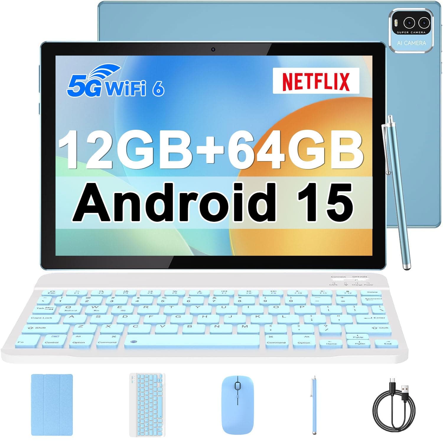 10 inch Android 15 Tablet, 8GB RAM+64GB ROM+1TB Expandable Tablet, 1.8Ghz Quad-core Processor, Newest 2 in 1 Tablets with Keyboard/Case/Mouse/Stylus/8MP Camera/6000mAh Battery/1280x800 HD Display