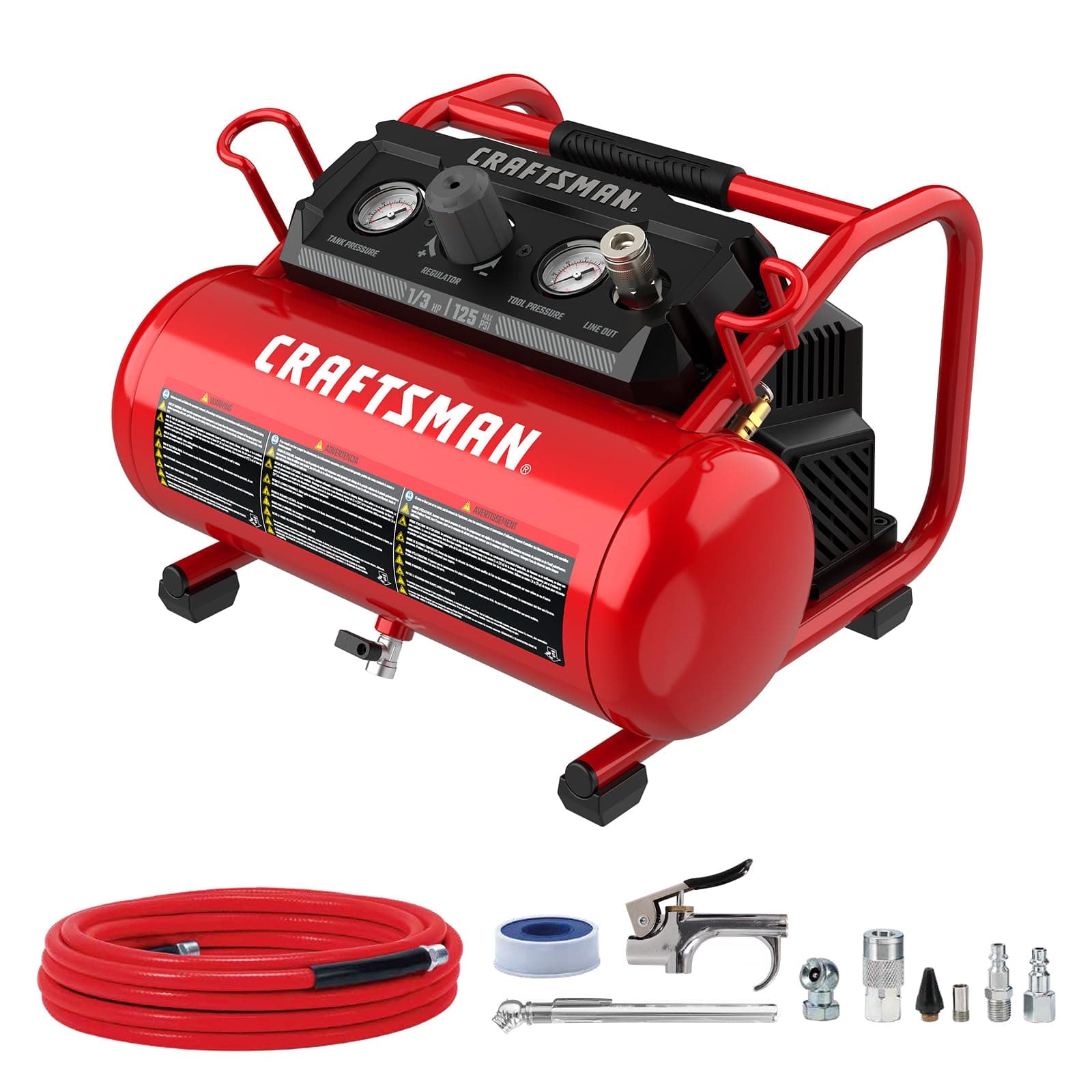 CRAFTSMAN Air Compressor, 2 Gallon Portable Air Compressor 1/3HP Max 125 PSI Oil-Free Light Weight with 10 PCS Accessory Kit