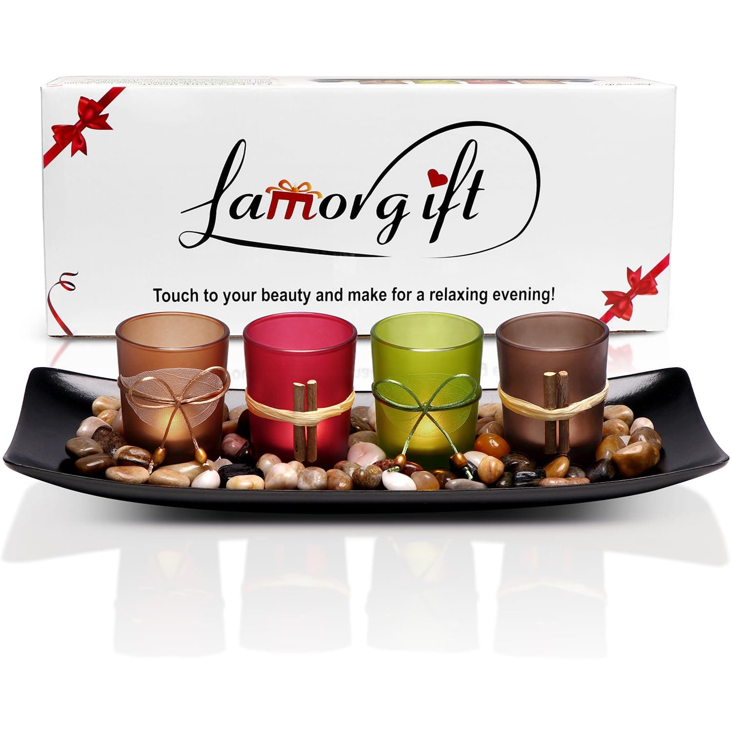 LAMORGIFT Candle Centerpiece for Coffee Table Decor- 4 Pcs Votive Candle Holder/Tealights Holder with Tray & Rocks for Living Room, Dining Room Decorations, Vintage Centerpieces for Home Decorations