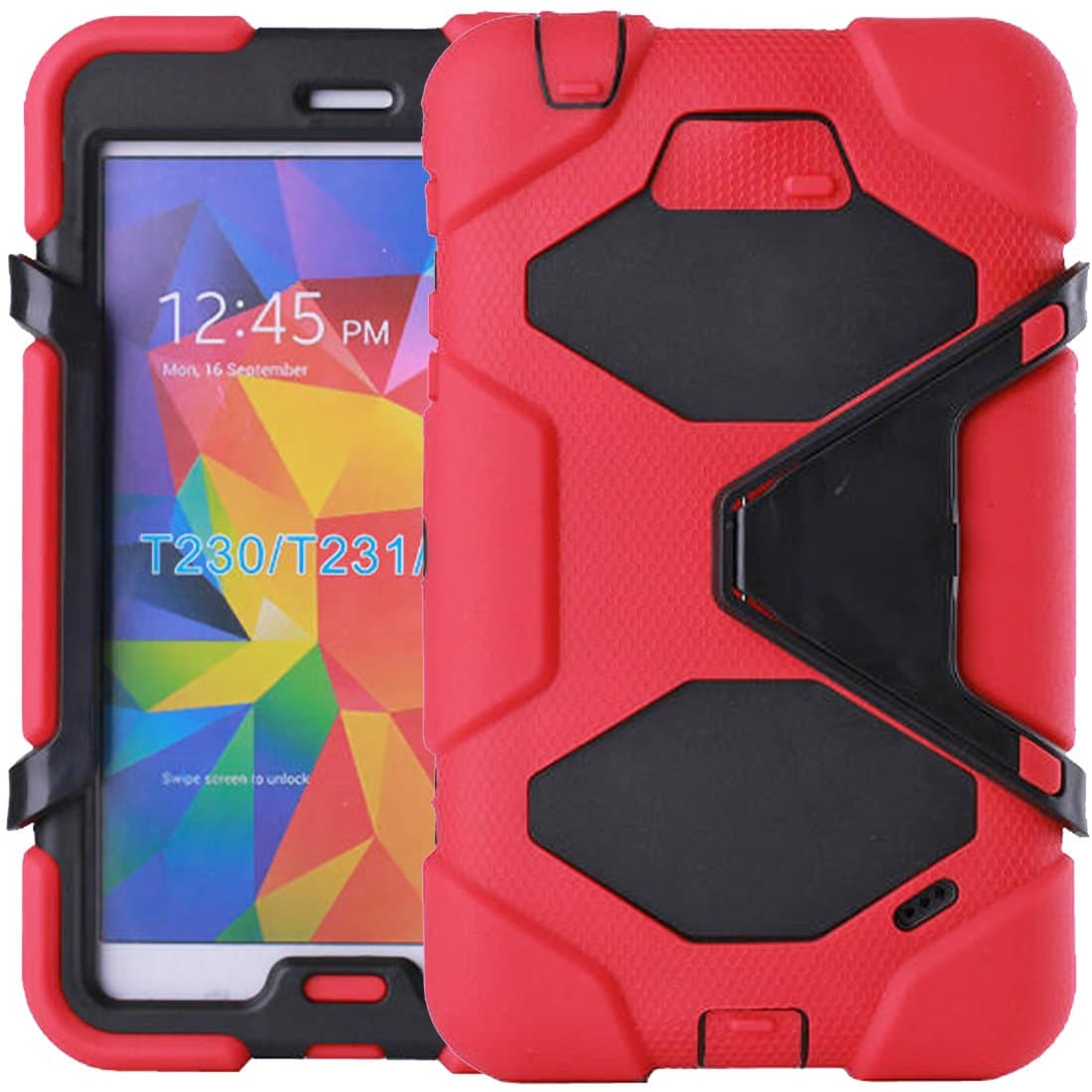 Heavy Duty Rugged Impact Hybrid Defender Case with Kickstand Protective Case For Samsung Galaxy Tab 4 7 inch (7 inch Tab 4, SM-T230 / T231 / T235) - Re/Black