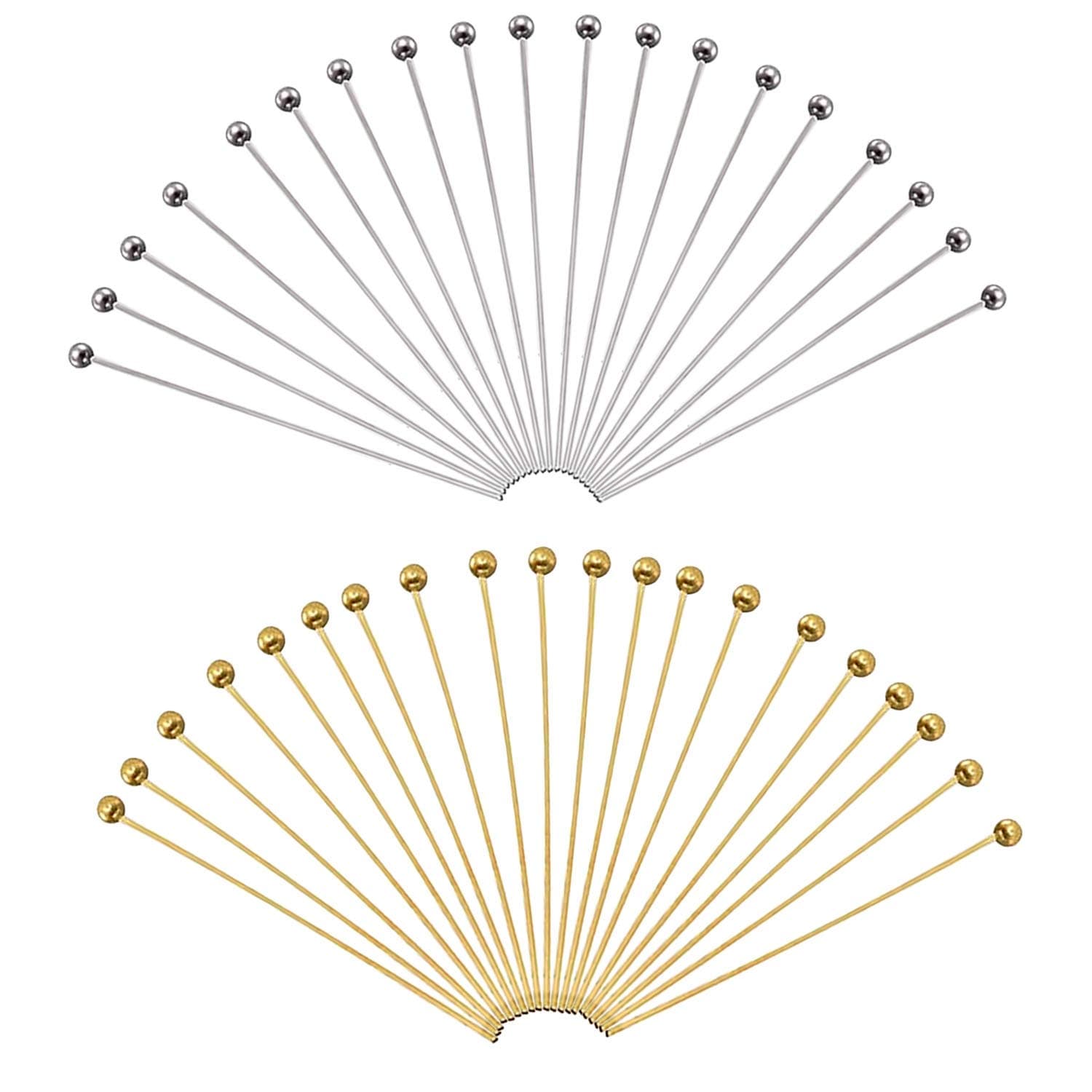 TOAOB 200pcs Ball Head Pins for Jewelry Making Brass Ball Pins 2 Inch 22 Gauge Gold Silver Headpins for DIY Charm Beads Crafts Earring Bracelet Necklace Jewelry Making