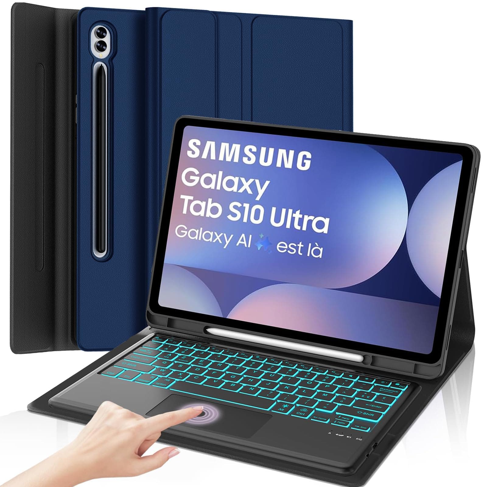 OYOSUOGG Touchpad Galaxy Tab S10/S9/S8 Ultra Keyboard Case, Case with 7 Color Backlit Keyboard, Smart Protective Cover S Pen Holder Auto Sleep/Wake, Navy