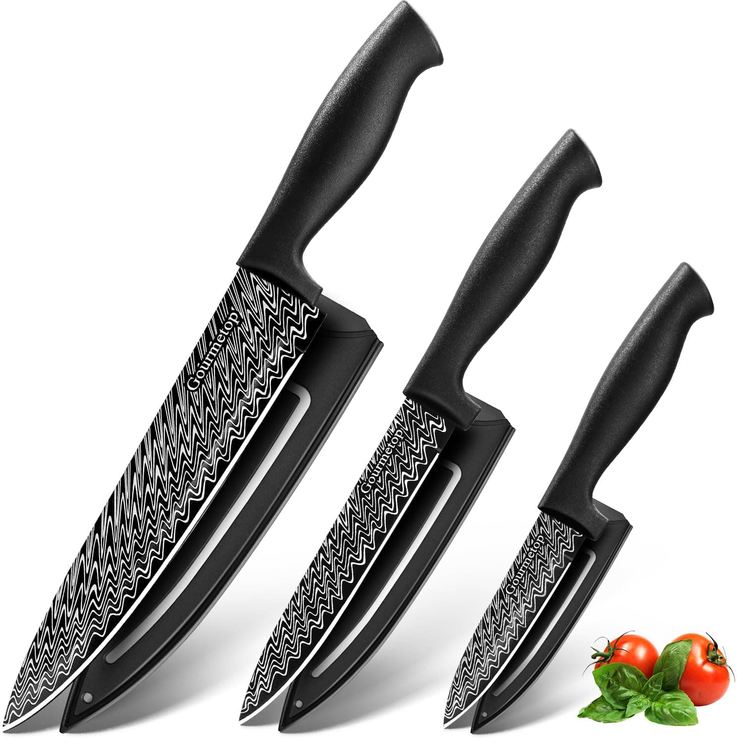 Kitchen Knife Set with Cover 3 Pcs, Black Chef Knife Set for Cooking, Sharp Kitchen Knives with Sheath, 8'' Chef Knife, 5'' Utility, 3.5'' Paring, Damascus Pattern Kitchen Knife for Cutting