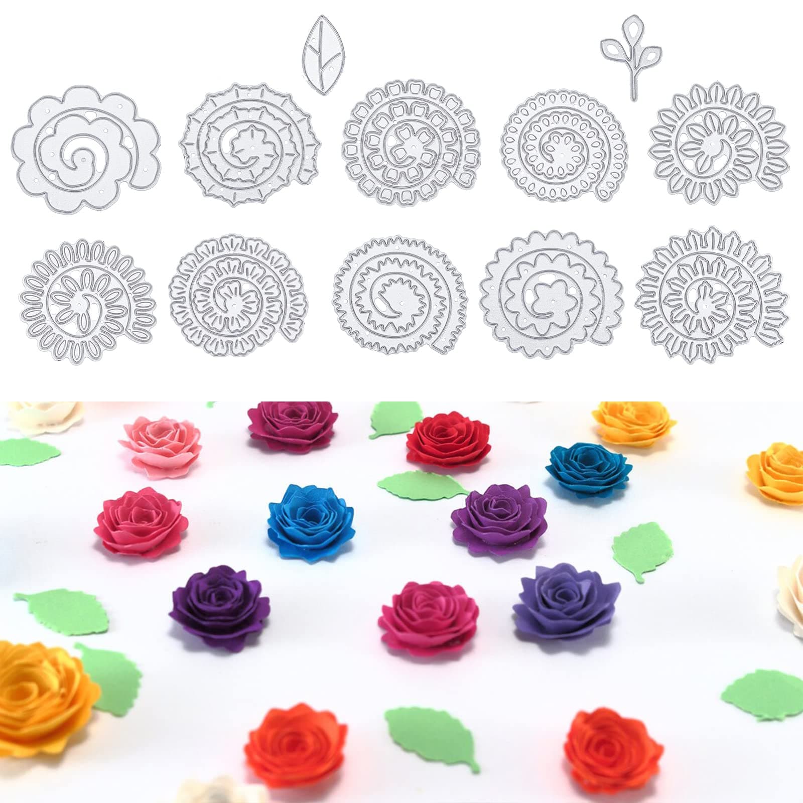 ORIGACH 10 Pcs 3D Spiral Flower Cutting Dies Mini Paper Flowers Dies with Leaves Embossing Template for Scrapbooking Birthday Card Making Crafts