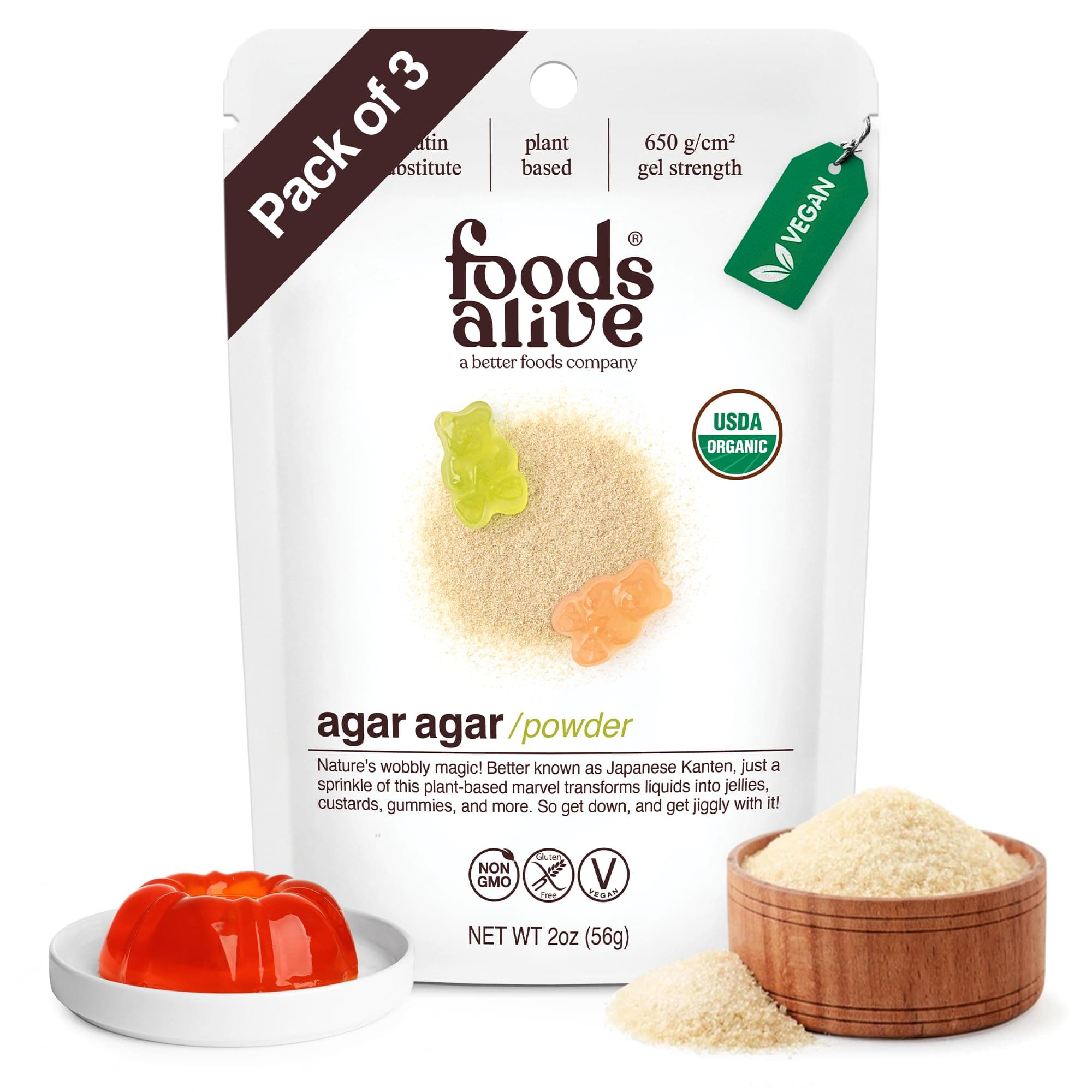 - Foods Alive | Organic Agar Agar Powder | 2 oz | Plant Based Gelatin | Kosher Gelatin | Vegan | Gluten Free (3-Pack)