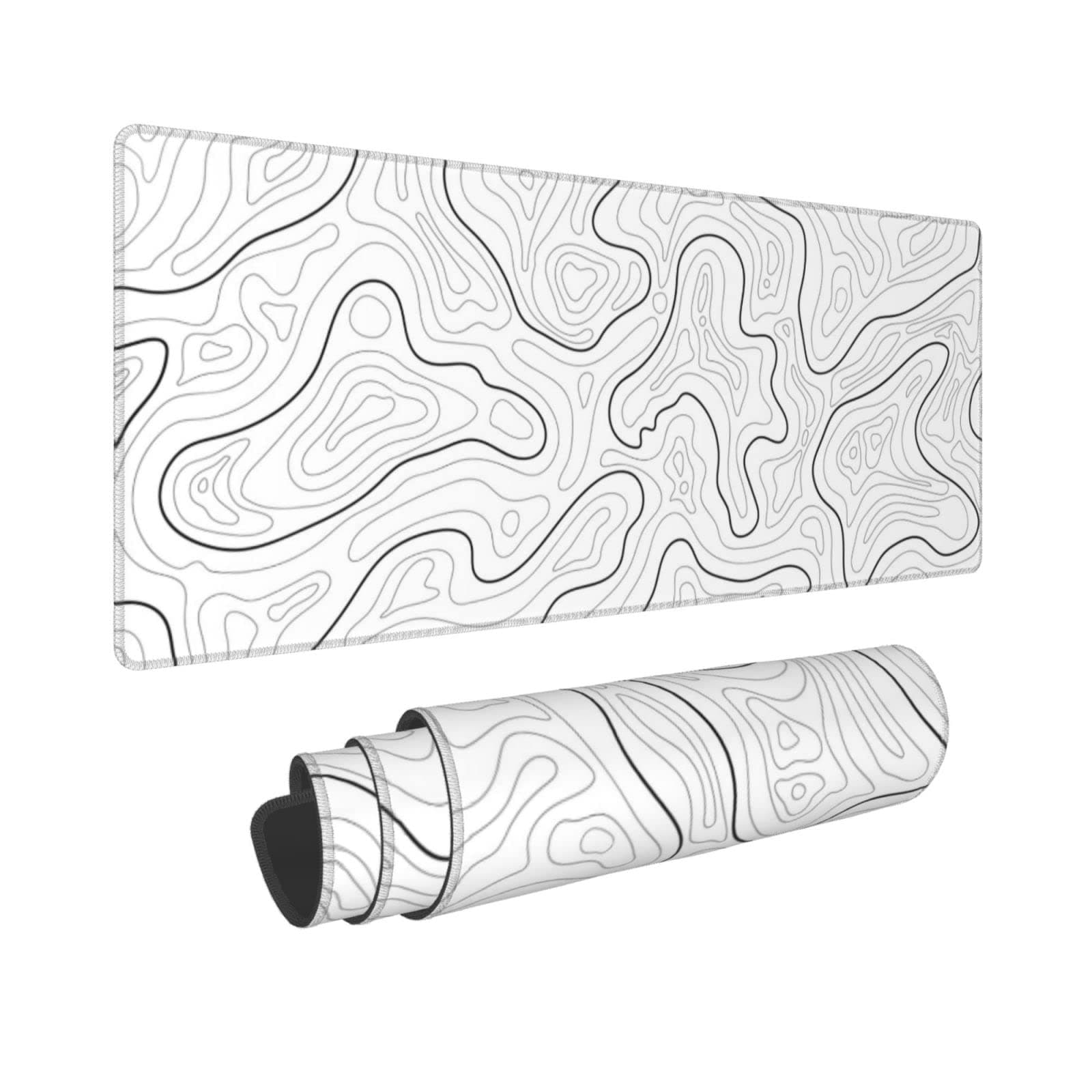 Abstract Topographic Map White Gaming Mouse Pad Long Mouse Pad Large Desk Mat 31.5 X 11.8 Inch Mousepad with Non-Slip Base Stitched Edge Keyboard Mat for Gaming Office