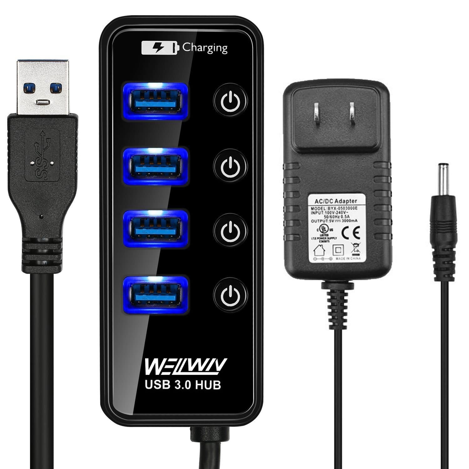 4-Port USB 3.0 Portable Data Hub With 1 USB Charging Port and Power Supply Adapter Super Speed